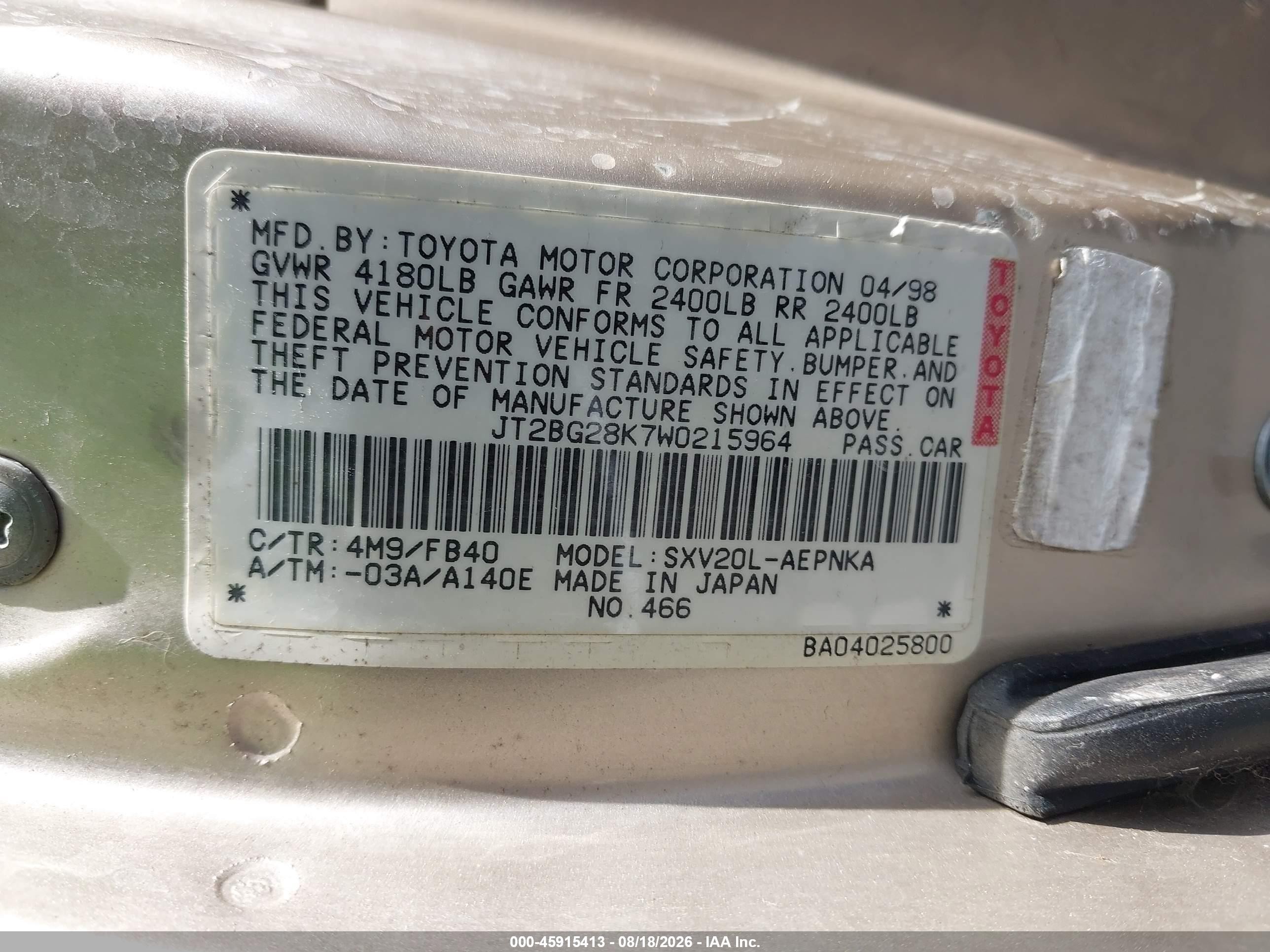 1998 Toyota Camry Le Золотой vin: JT2BG28K7W0215964