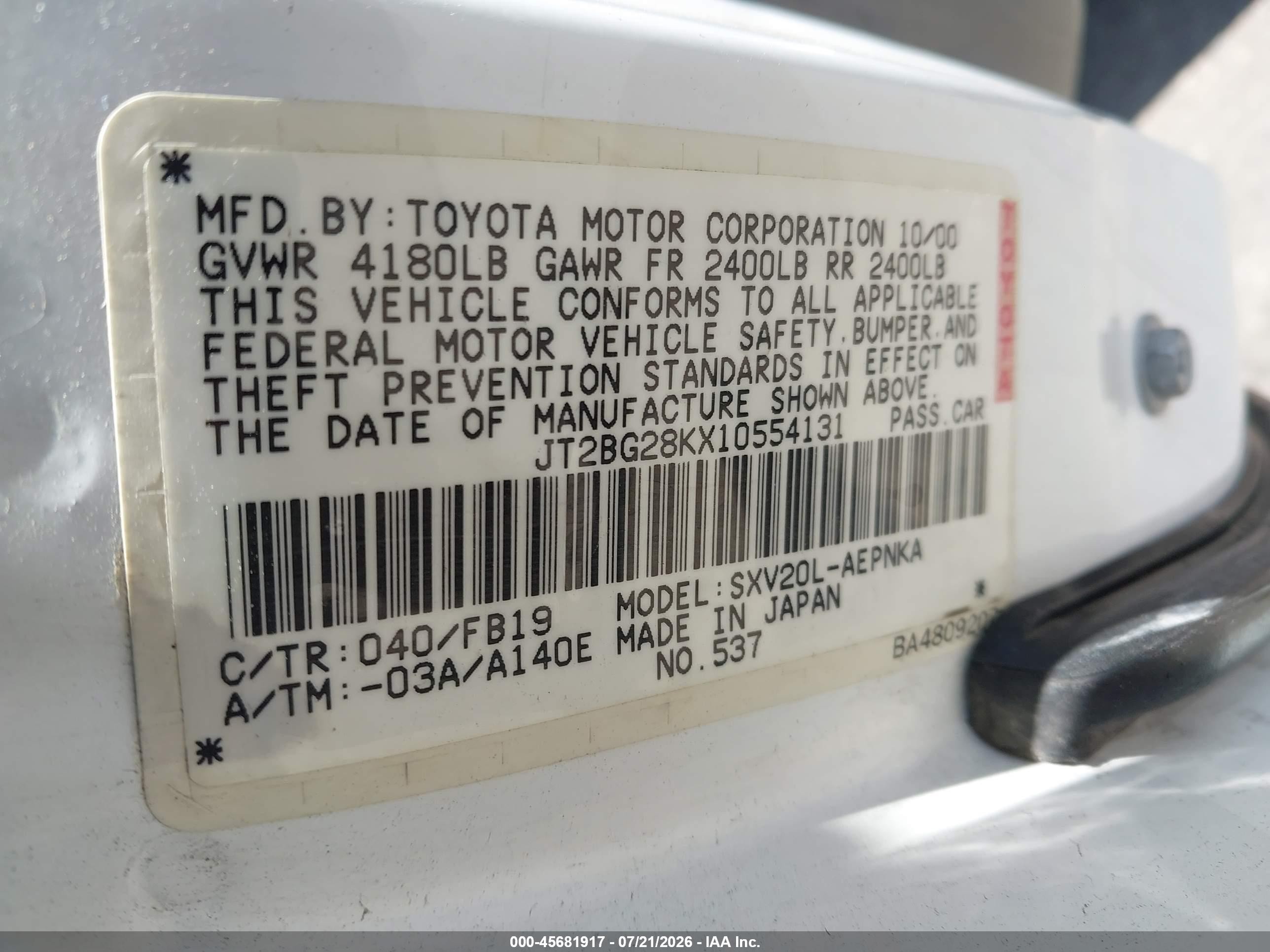 2001 Toyota Camry Le Белый vin: JT2BG28KX10554131