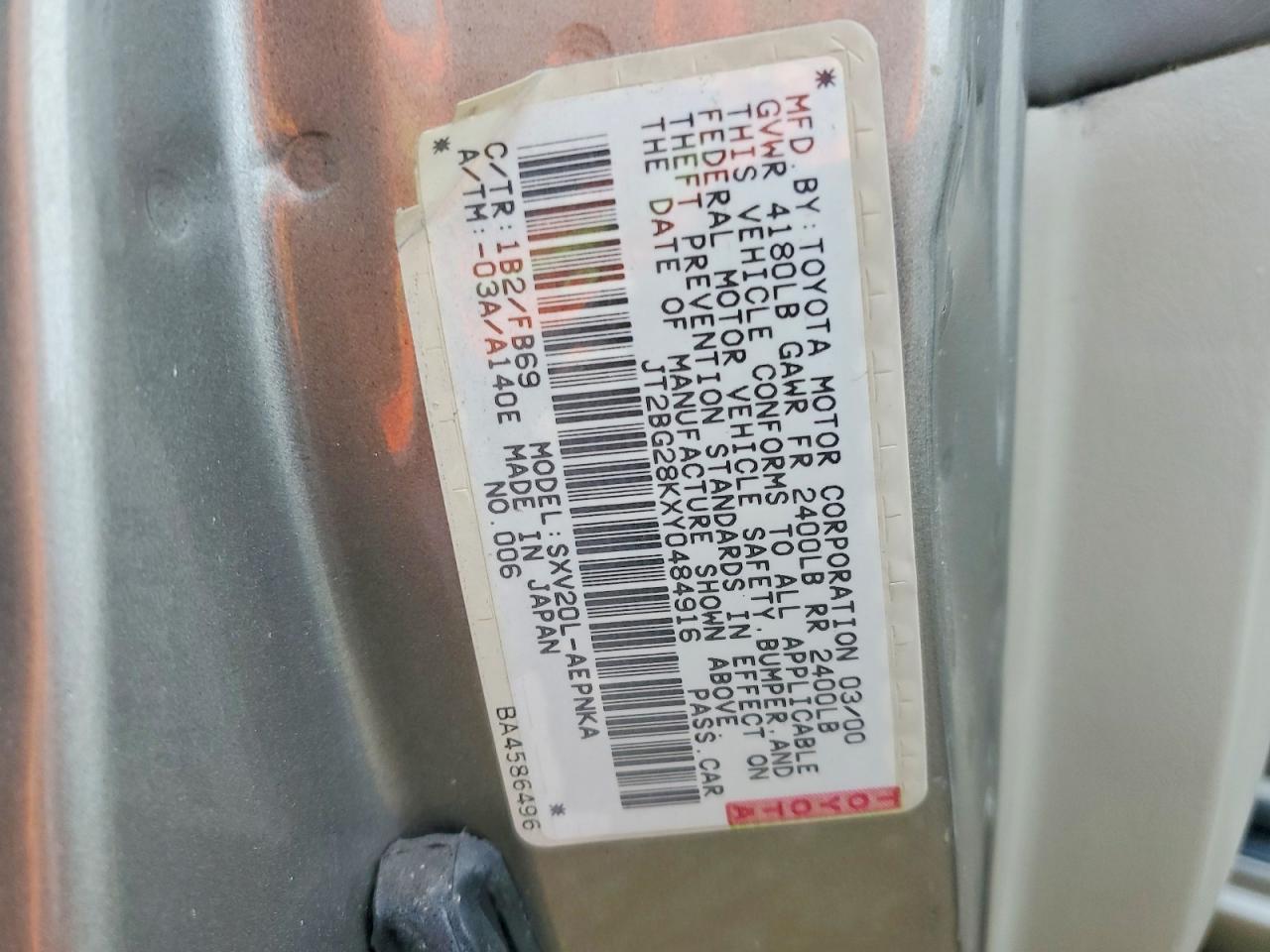 2000 Toyota Camry Le Tan vin: JT2BG28KXY0484916
