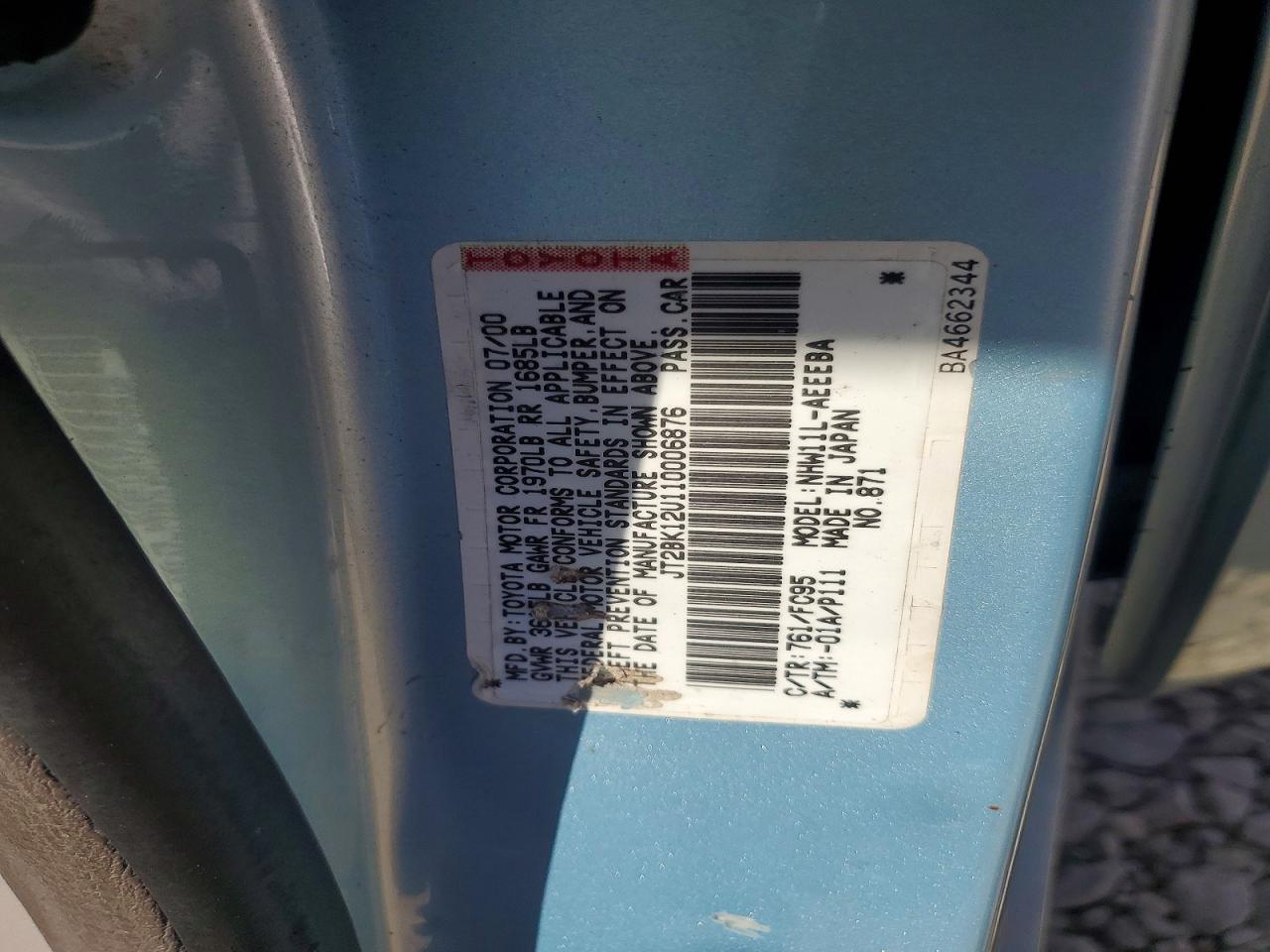 2001 Toyota Prius Base Blue vin: JT2BK12U110006876