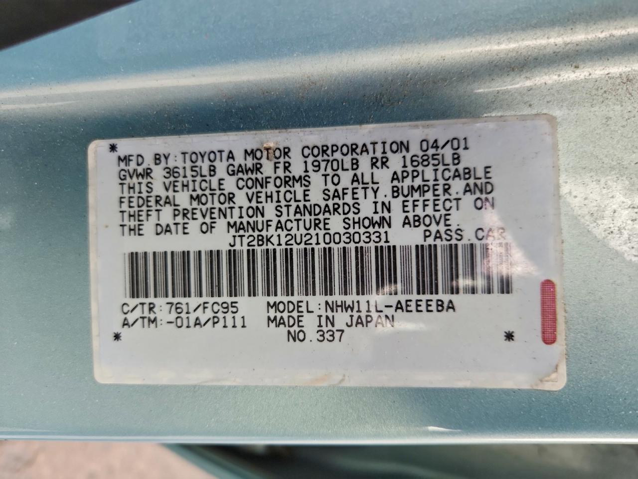 2001 Toyota Prius Base Teal vin: JT2BK12U210030331