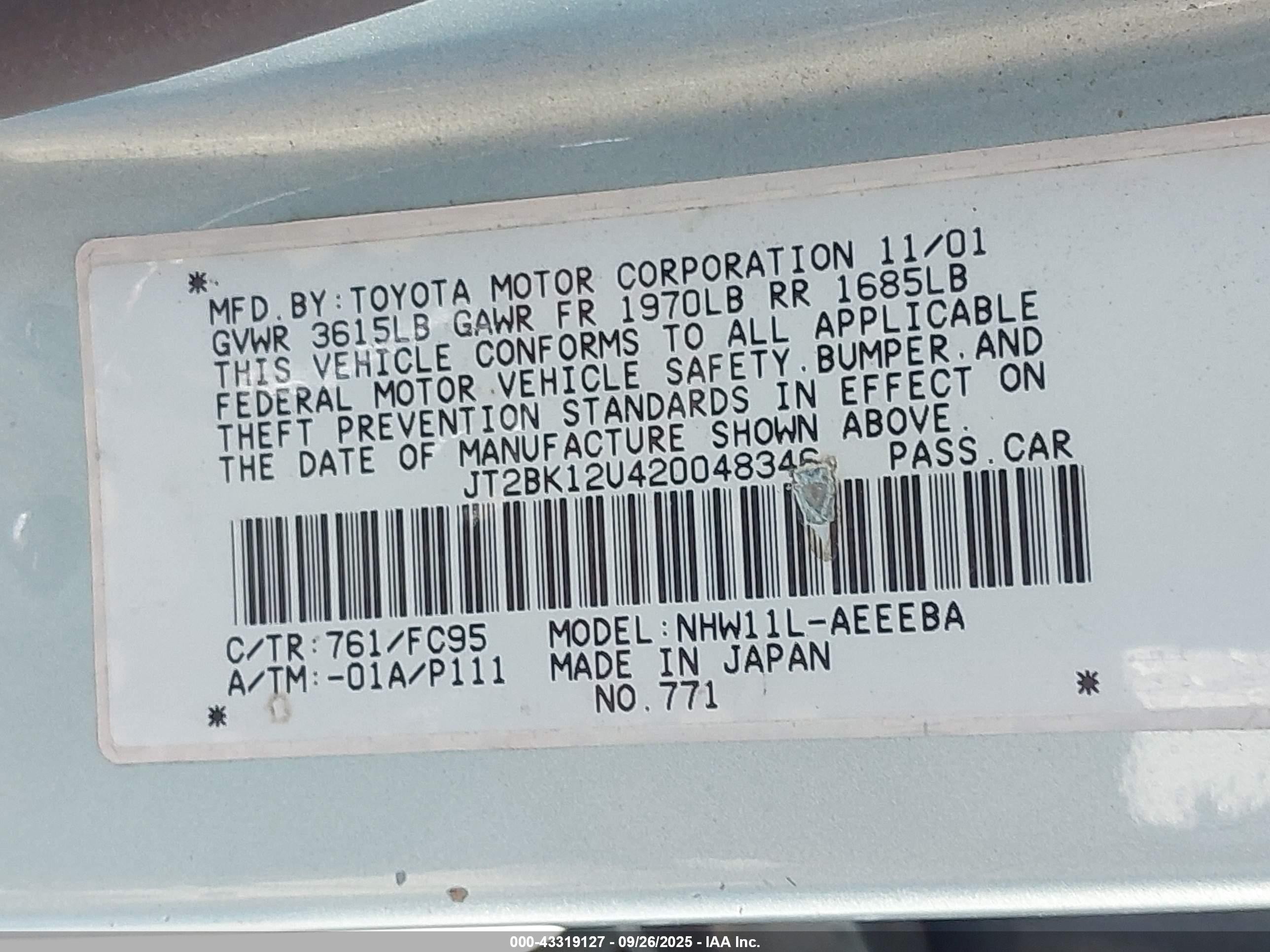 2002 Toyota Prius   Green vin: JT2BK12U420048346