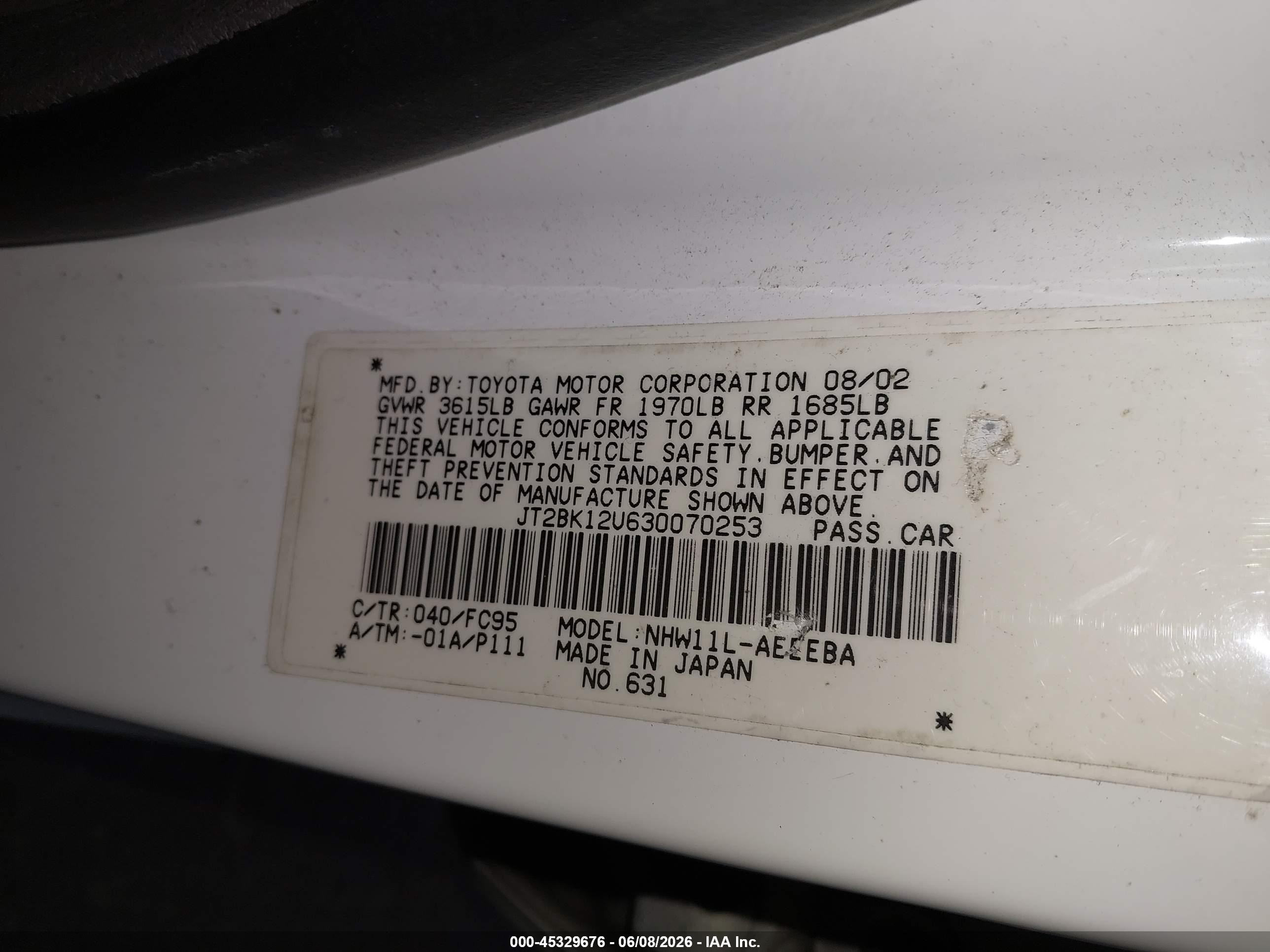 2003 Toyota Prius   White vin: JT2BK12U630070253