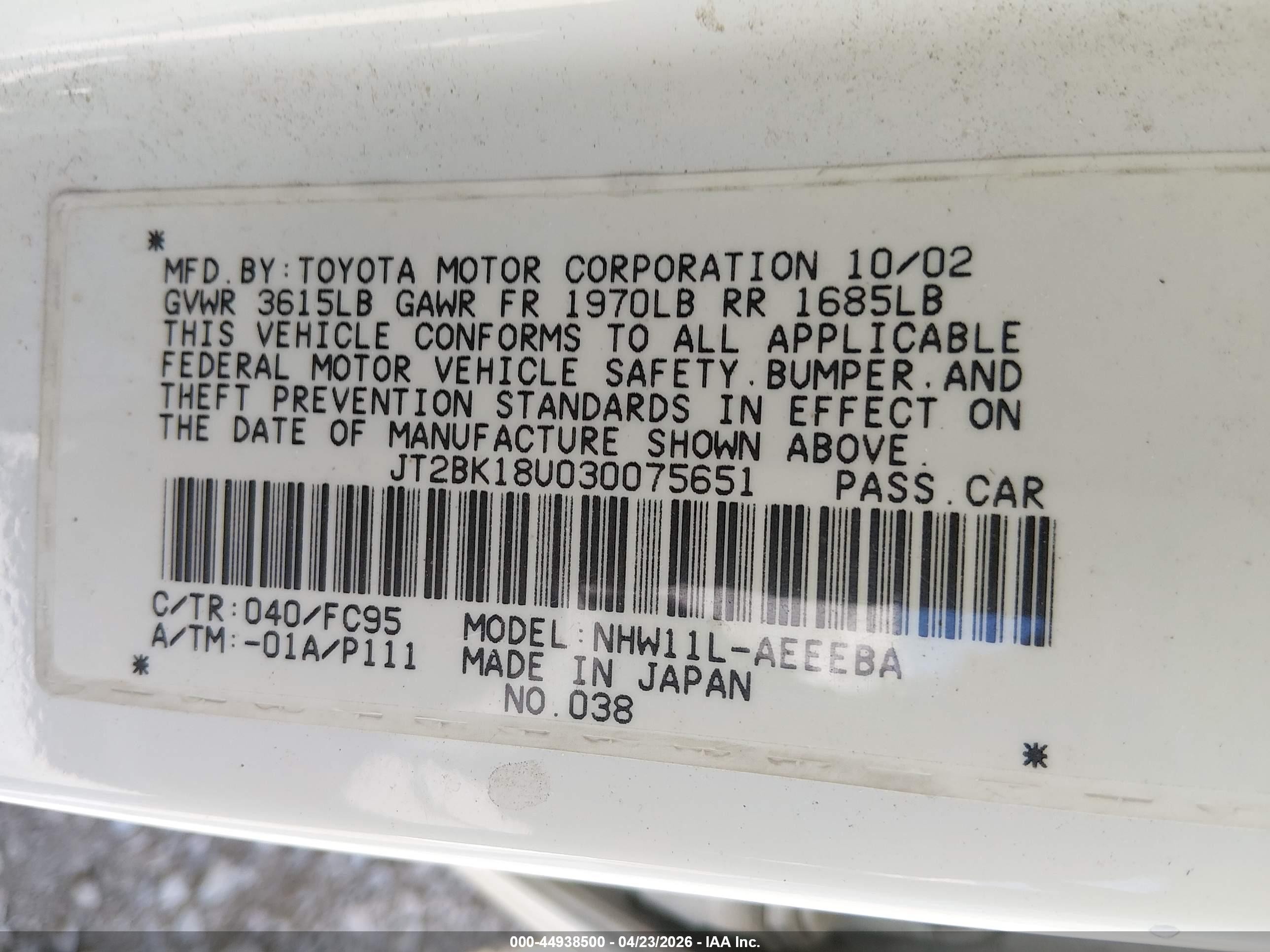 2003 Toyota Prius   White vin: JT2BK18U030075651