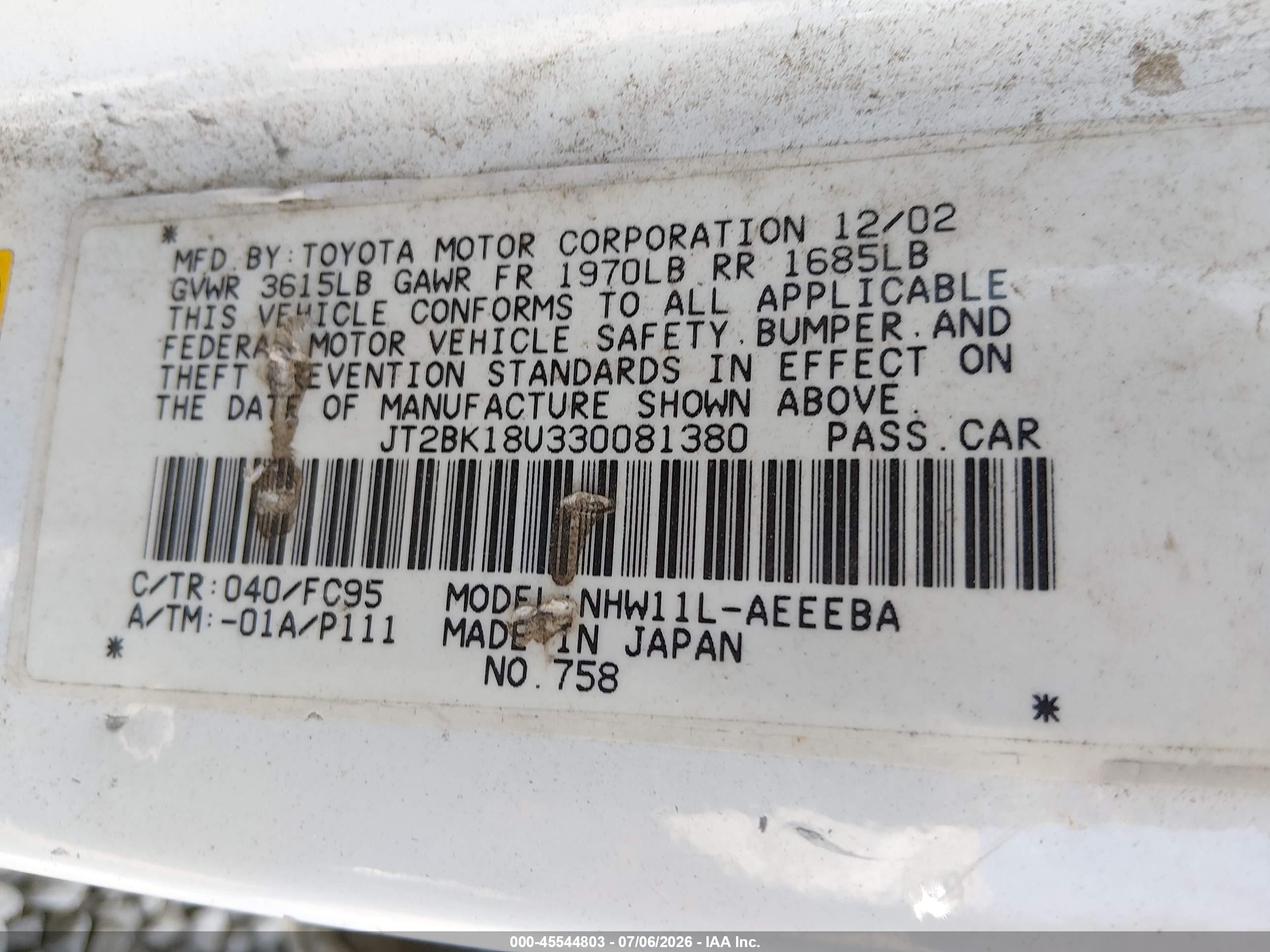 2003 Toyota Prius   Белый vin: JT2BK18U330081380