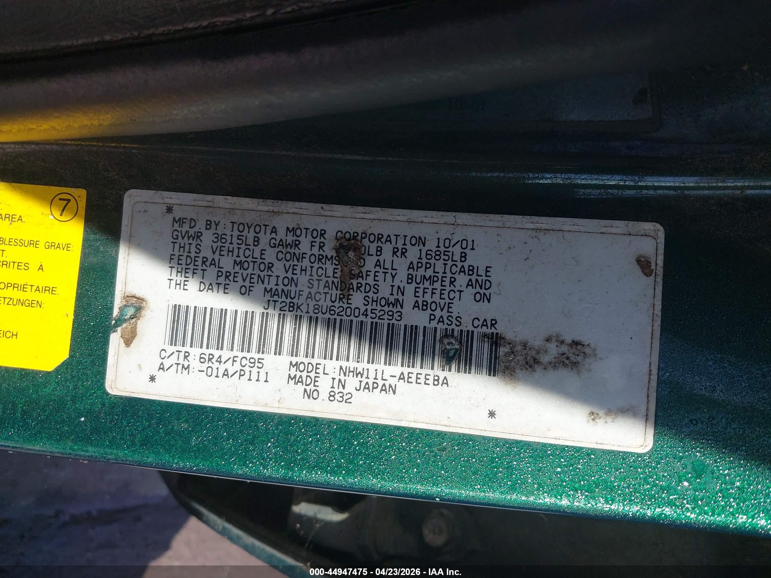 2002 Toyota Prius   Green vin: JT2BK18U620045293