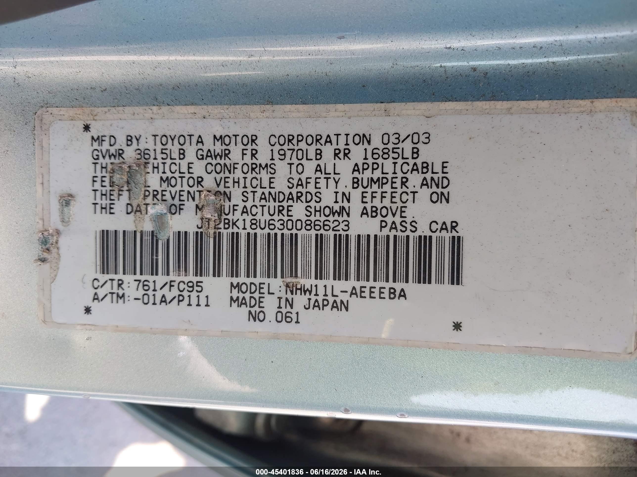 2003 Toyota Prius   Light Blue vin: JT2BK18U630086623