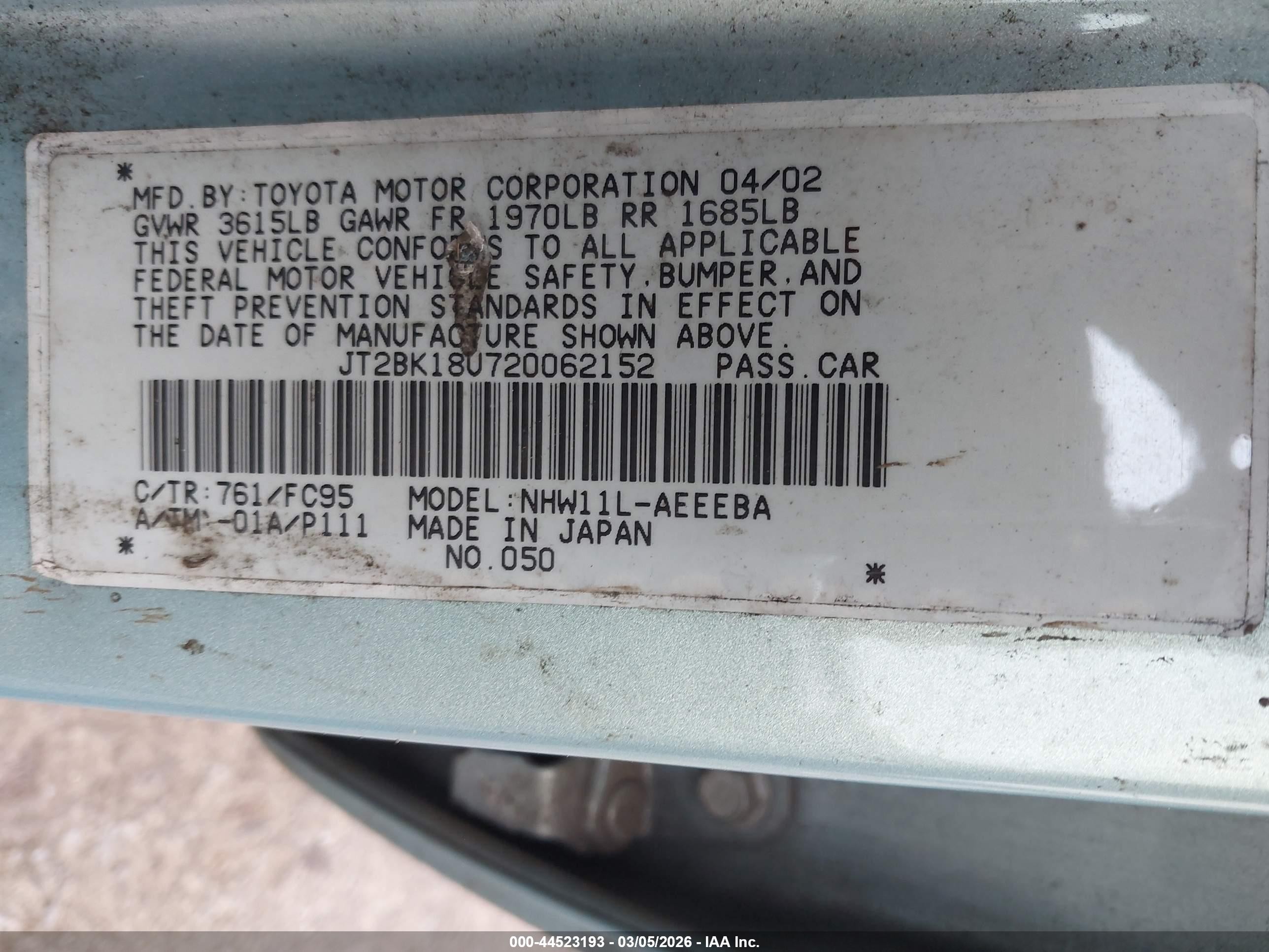 2002 Toyota Prius   Бирюзовый vin: JT2BK18U720062152