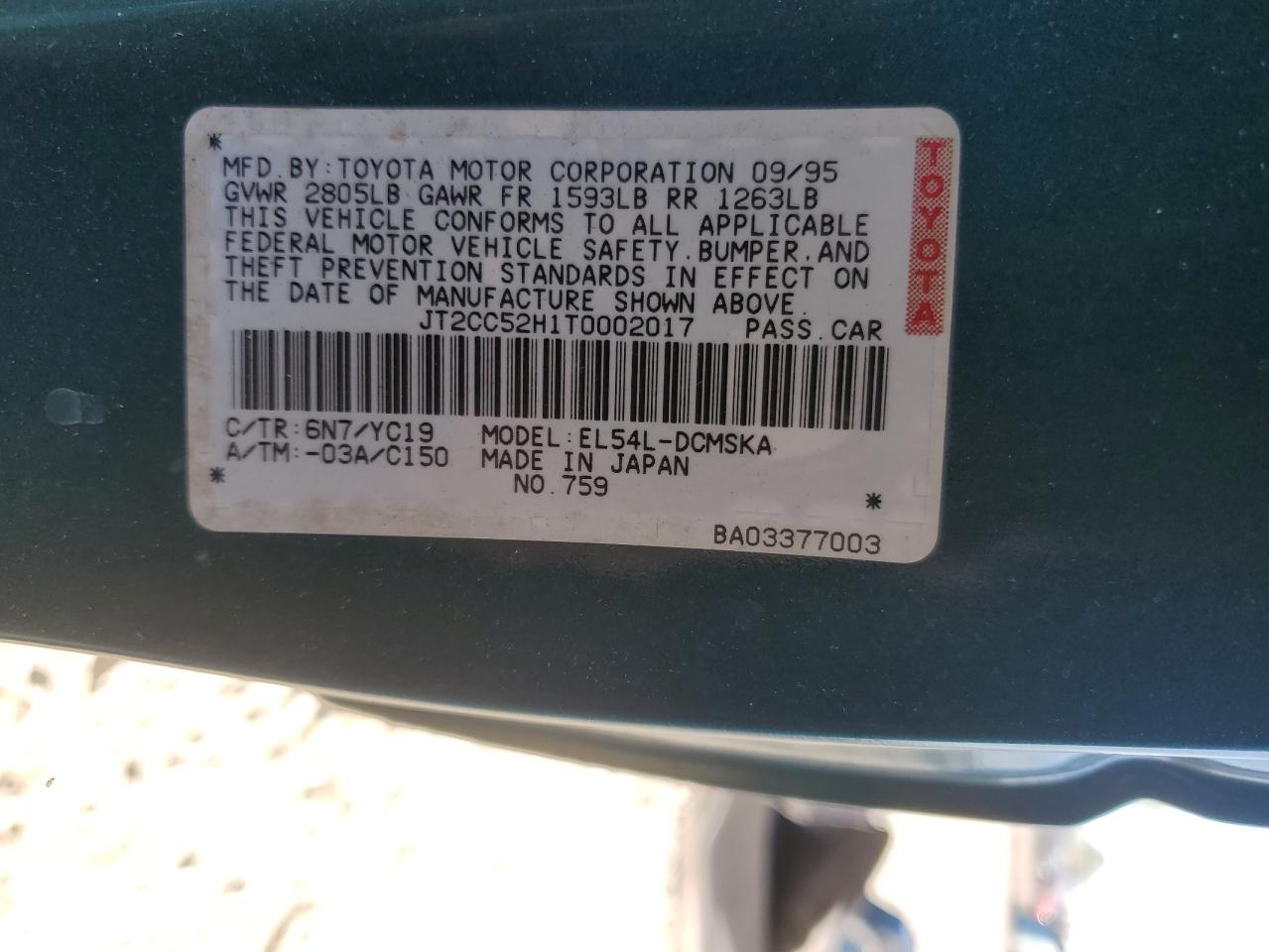 1996 Toyota Paseo  Green vin: JT2CC52H1T0002017
