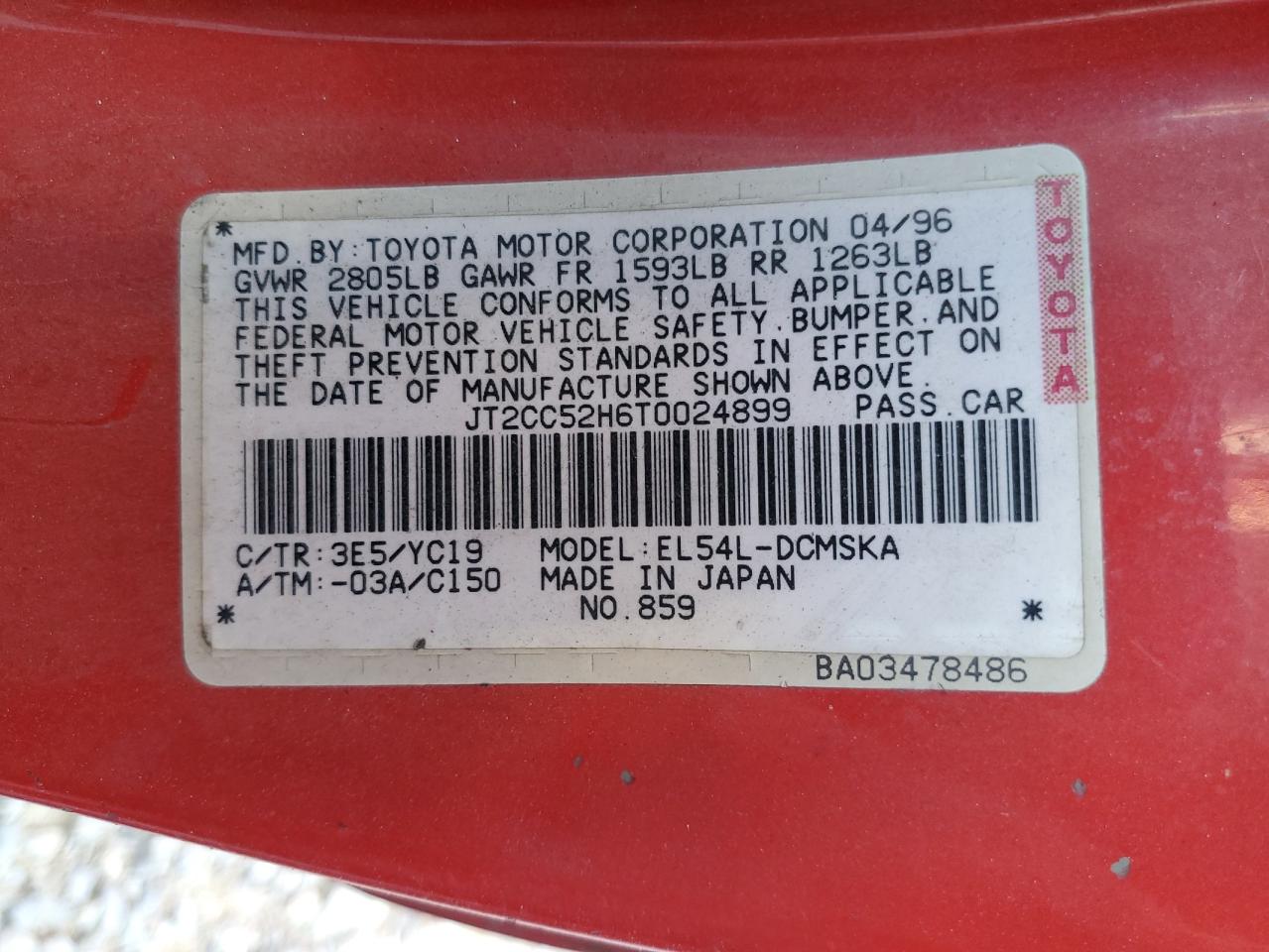 1996 Toyota Paseo  Red vin: JT2CC52H6T0024899