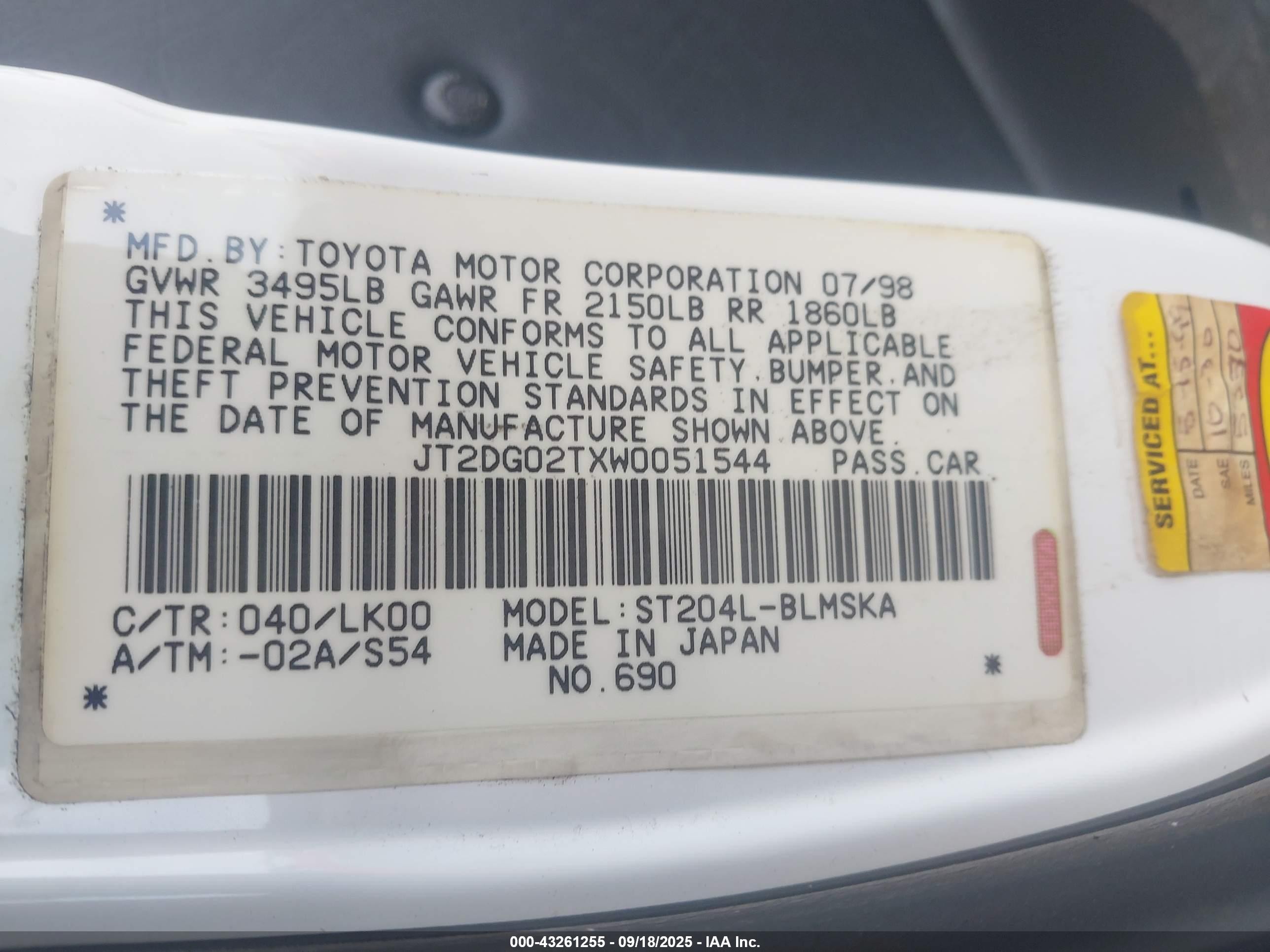 1998 Toyota Celica Gt White vin: JT2DG02TXW0051544