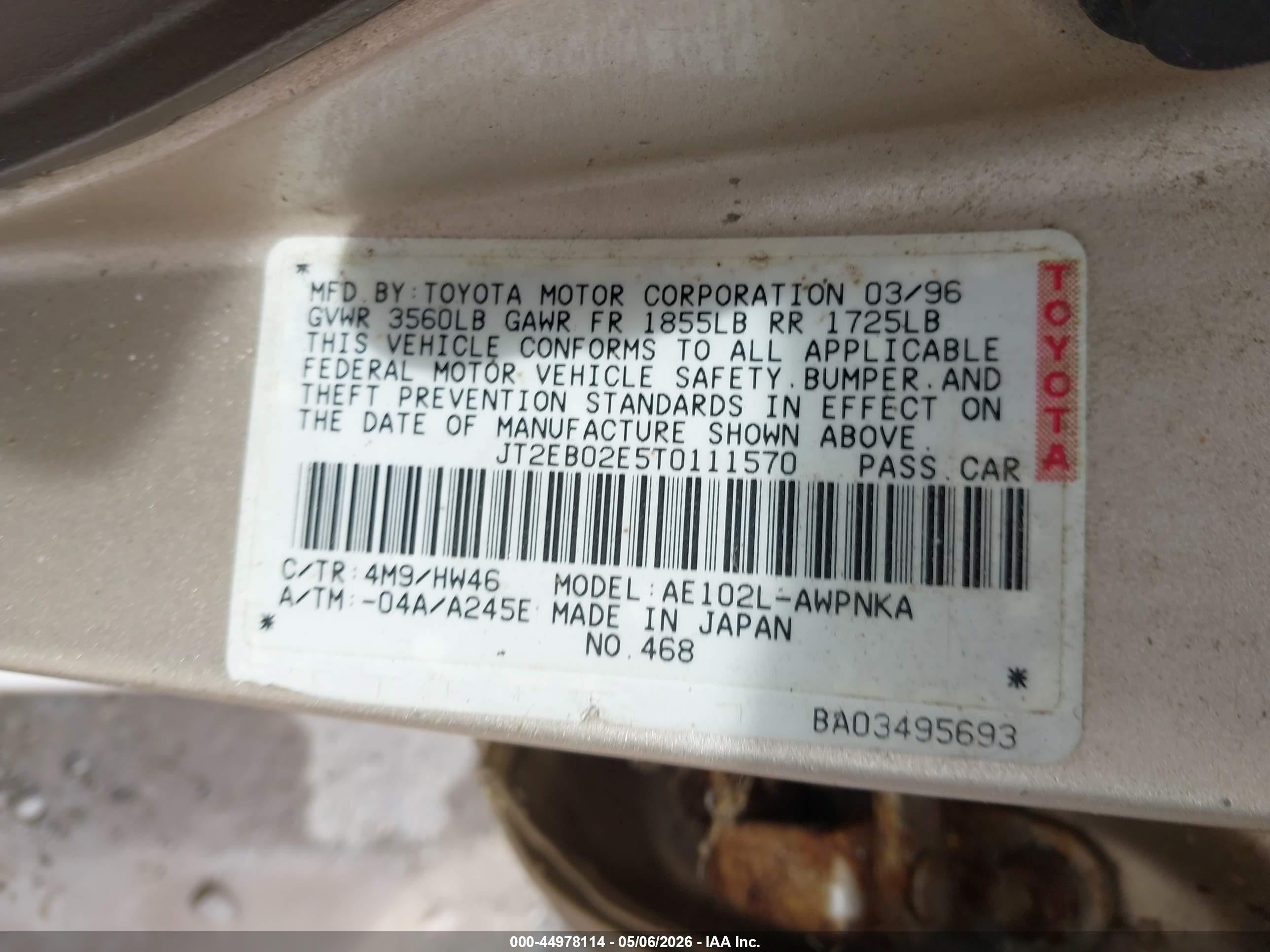 1996 Toyota Corolla Dx Gold vin: JT2EB02E5T0111570