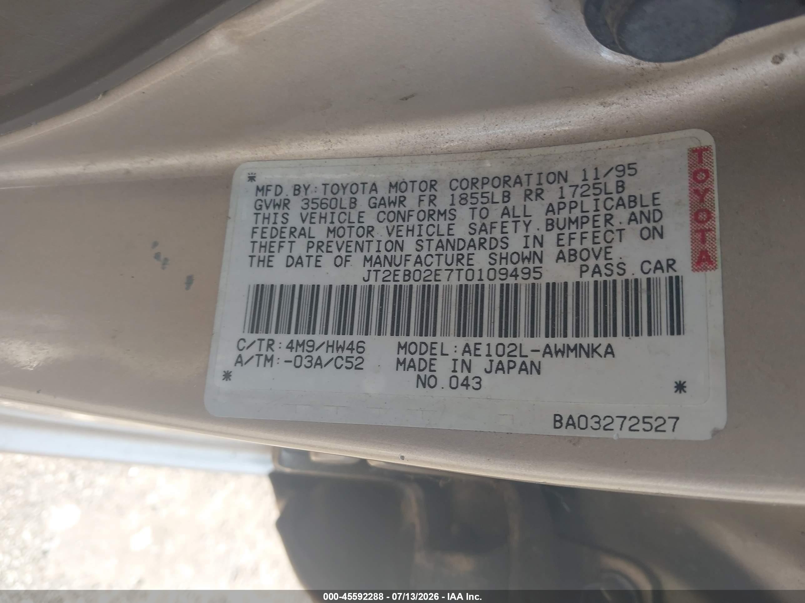 1996 Toyota Corolla Dx Gold vin: JT2EB02E7T0109495