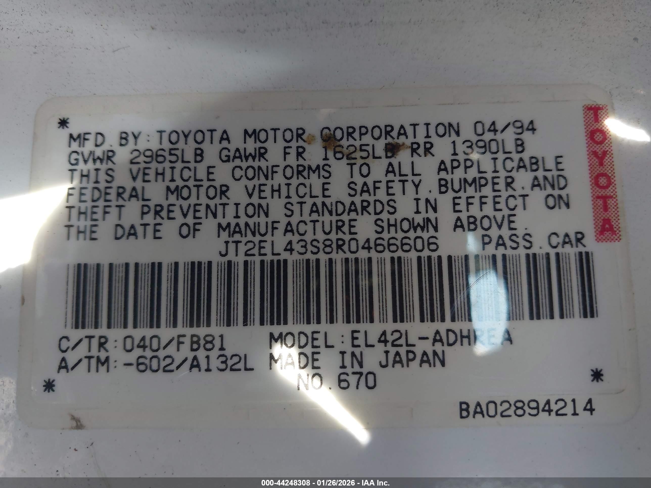 1994 Toyota Tercel Dx White vin: JT2EL43S8R0466606