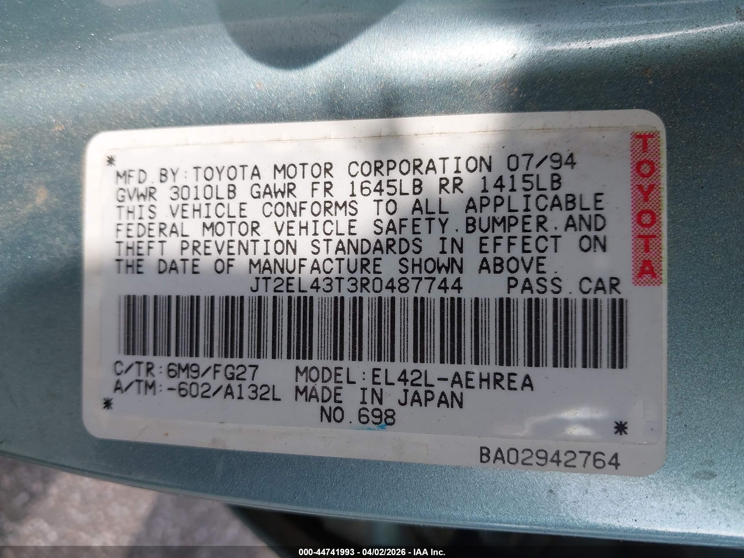 1994 Toyota Tercel Dx Turquoise vin: JT2EL43T3R0487744