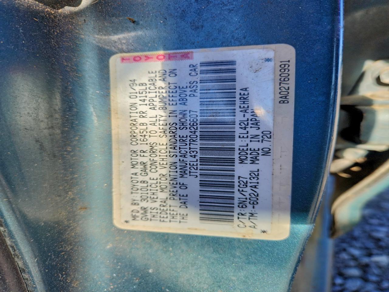 1994 Toyota Tercel Dx Green vin: JT2EL43T7R0426607
