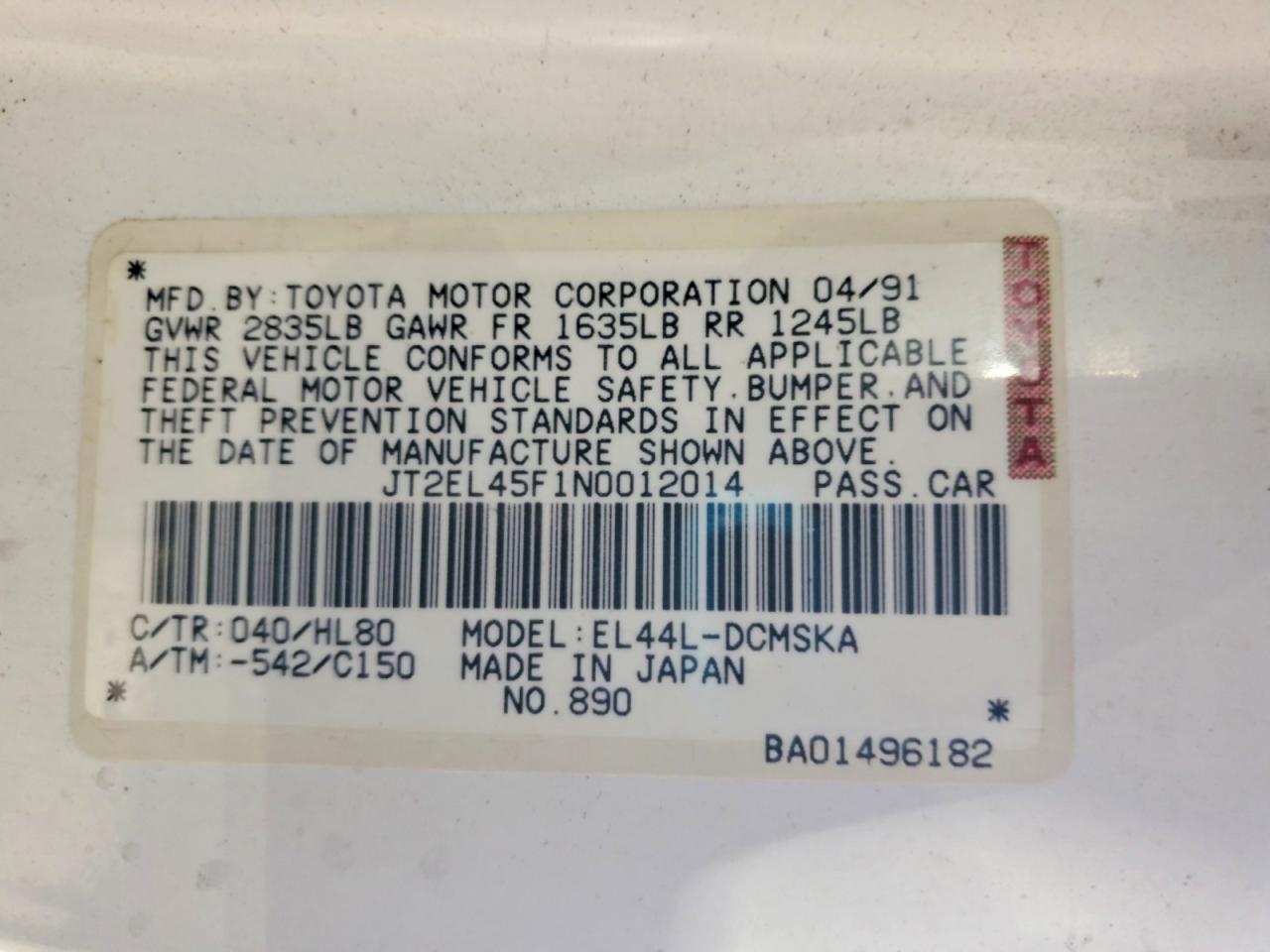 1992 Toyota Paseo Base White vin: JT2EL45F1N0012014