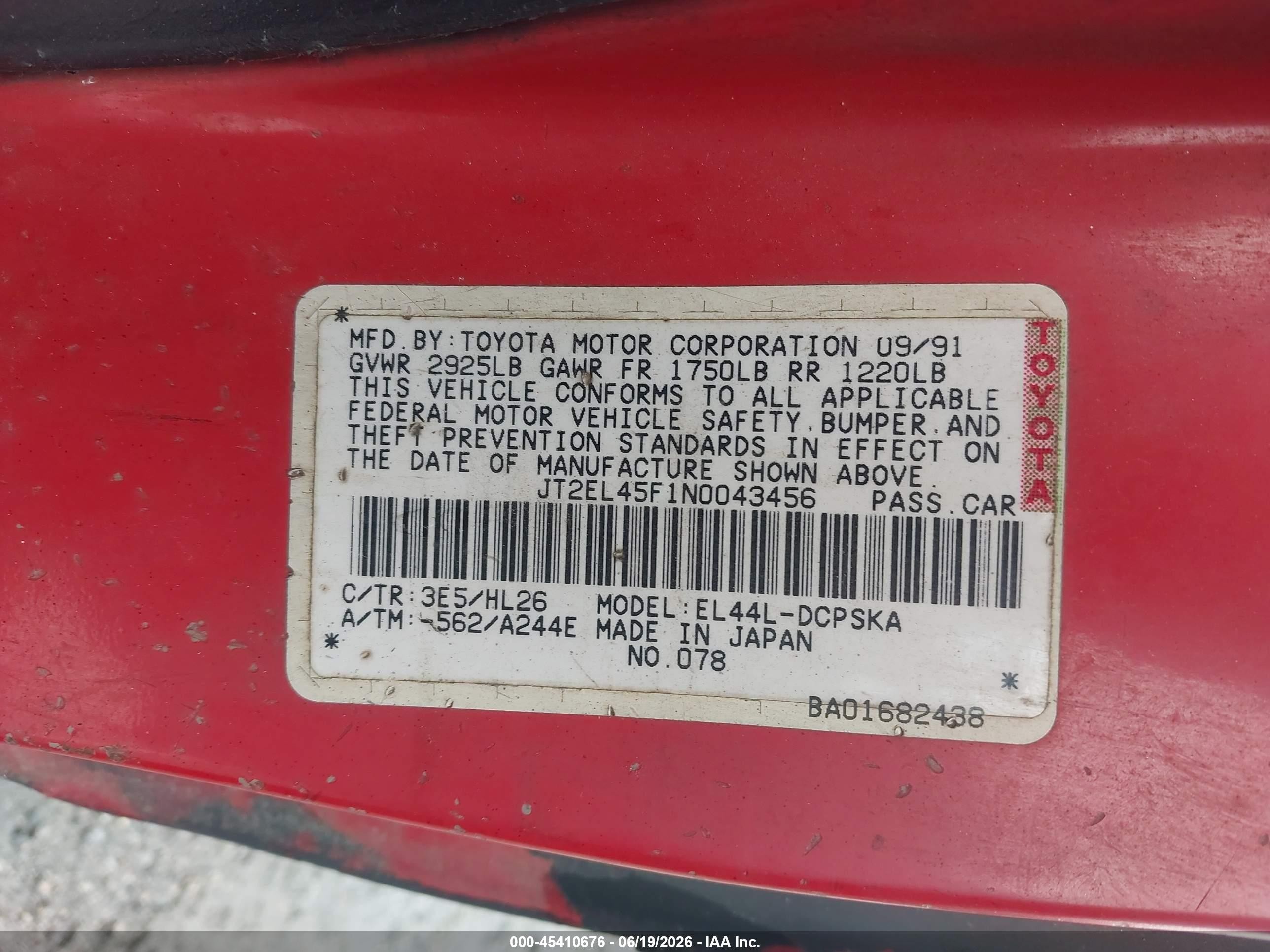 1992 Toyota Paseo   Черный vin: JT2EL45F1N0043456