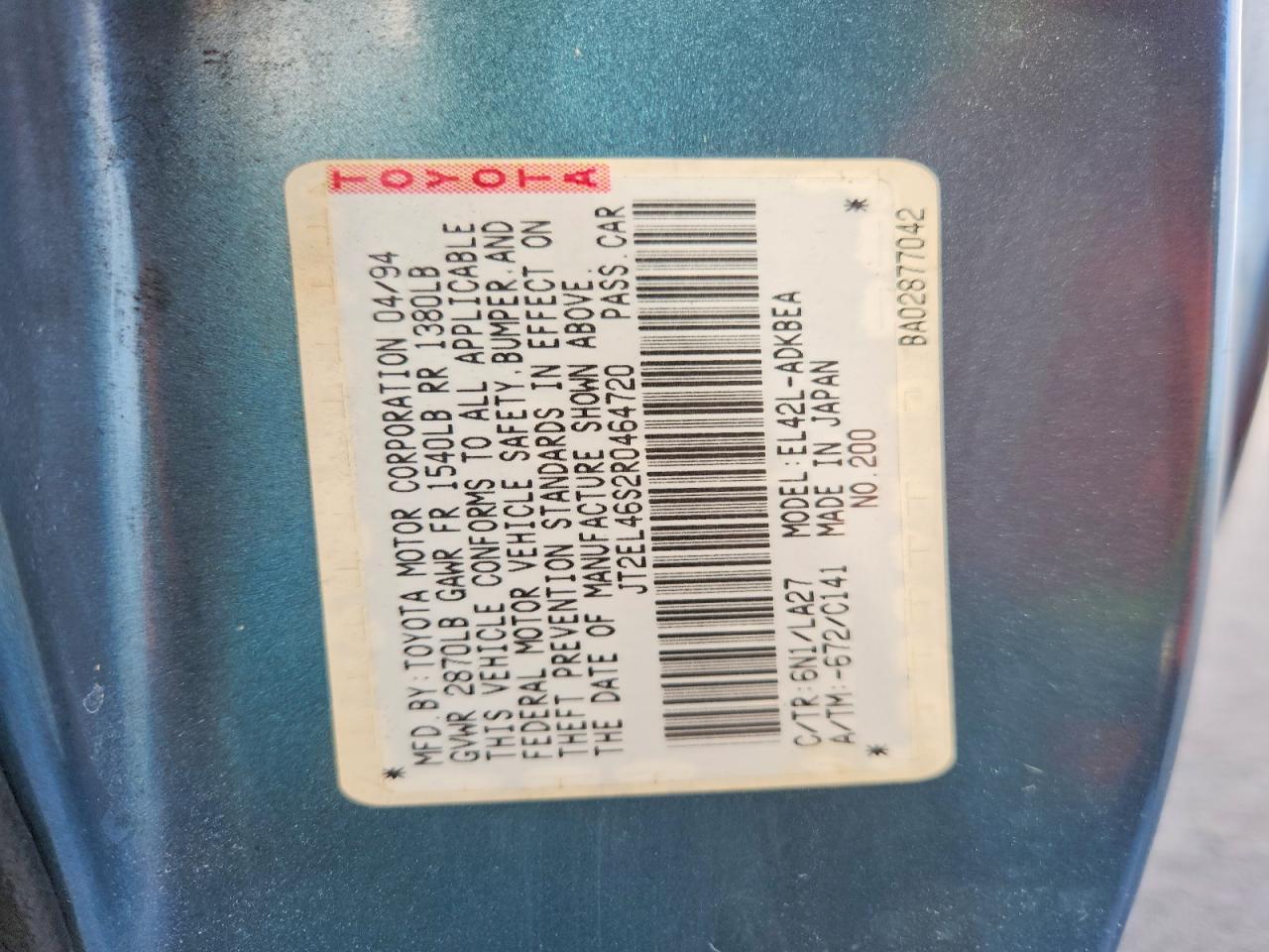 1994 Toyota Tercel Base Blue vin: JT2EL46S2R0464720