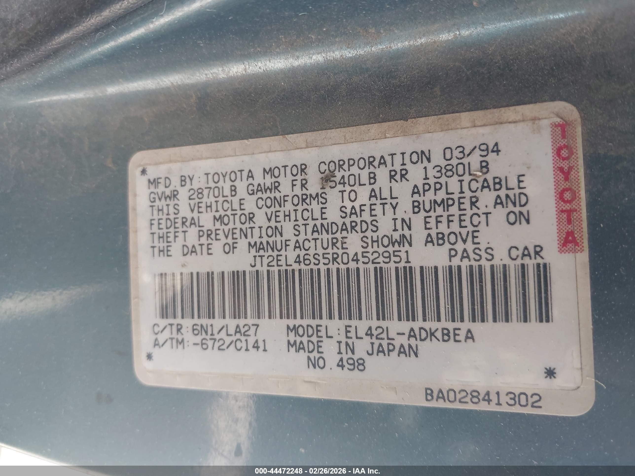 1994 Toyota Tercel Std Green vin: JT2EL46S5R0452951