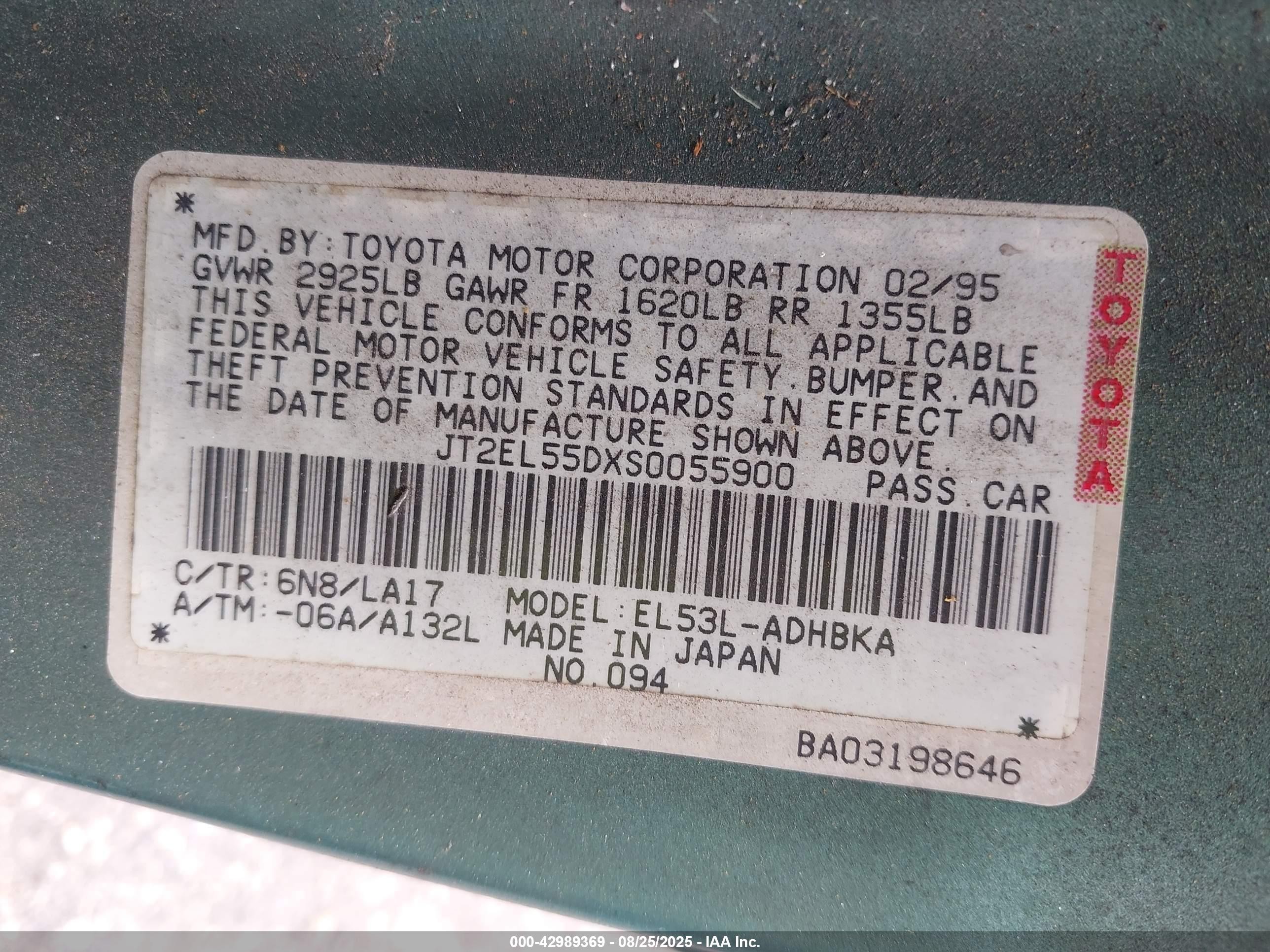 1995 Toyota Tercel Std Green vin: JT2EL55DXS0055900