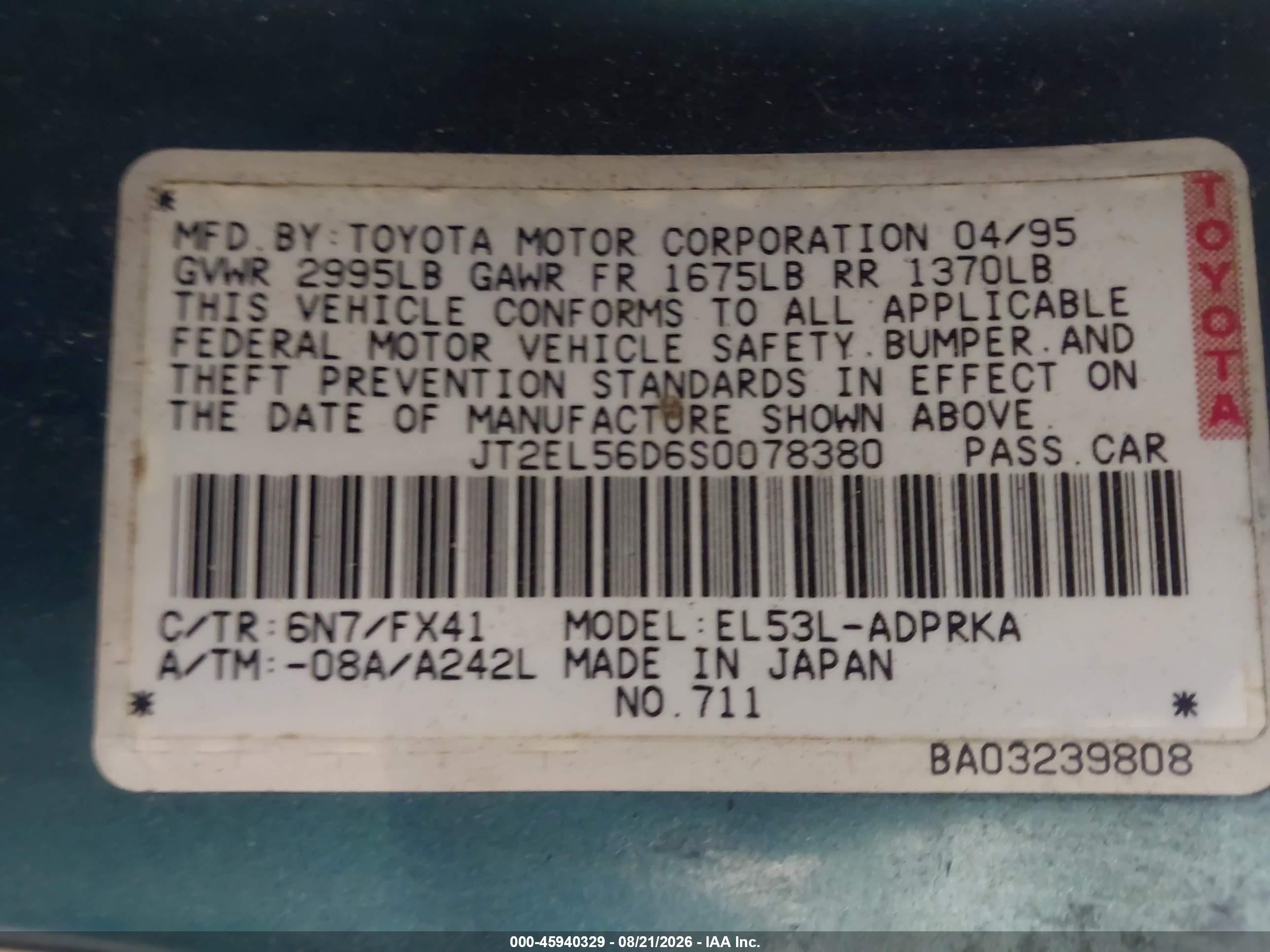 1995 Toyota Tercel Dx Green vin: JT2EL56D6S0078380