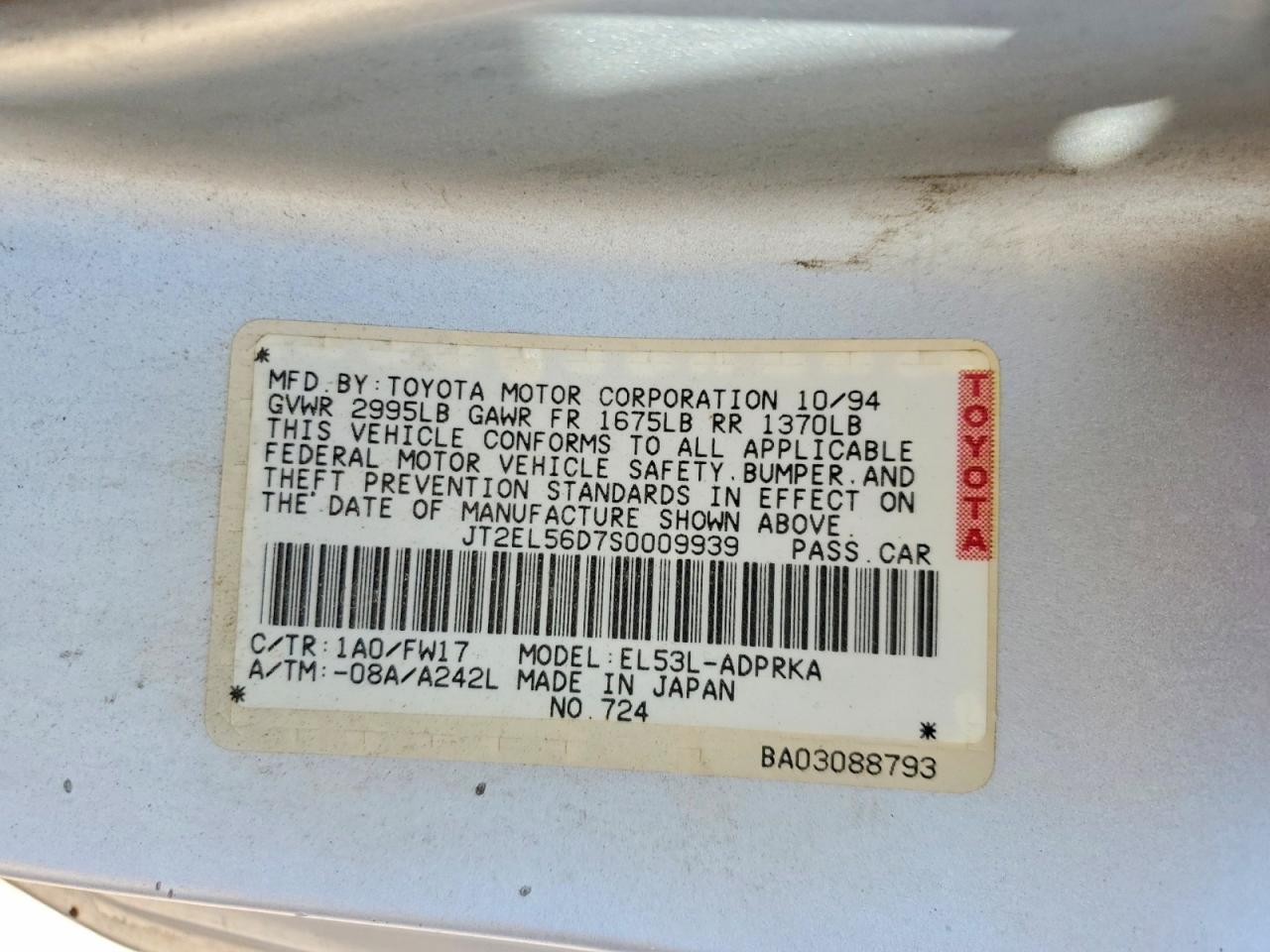 1995 Toyota Tercel Dx Silver vin: JT2EL56D7S0009939