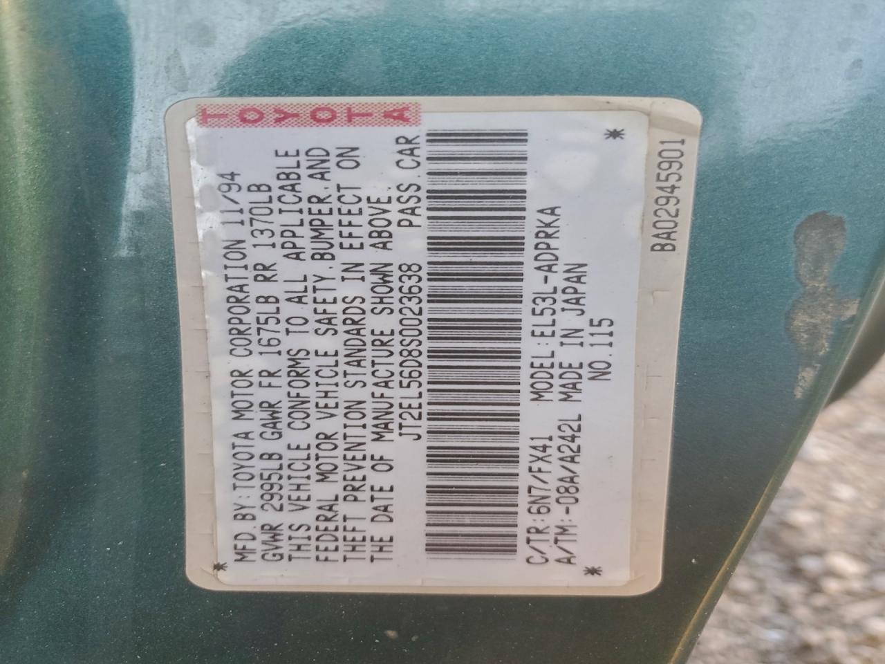 1995 Toyota Tercel Dx Green vin: JT2EL56D8S0023638