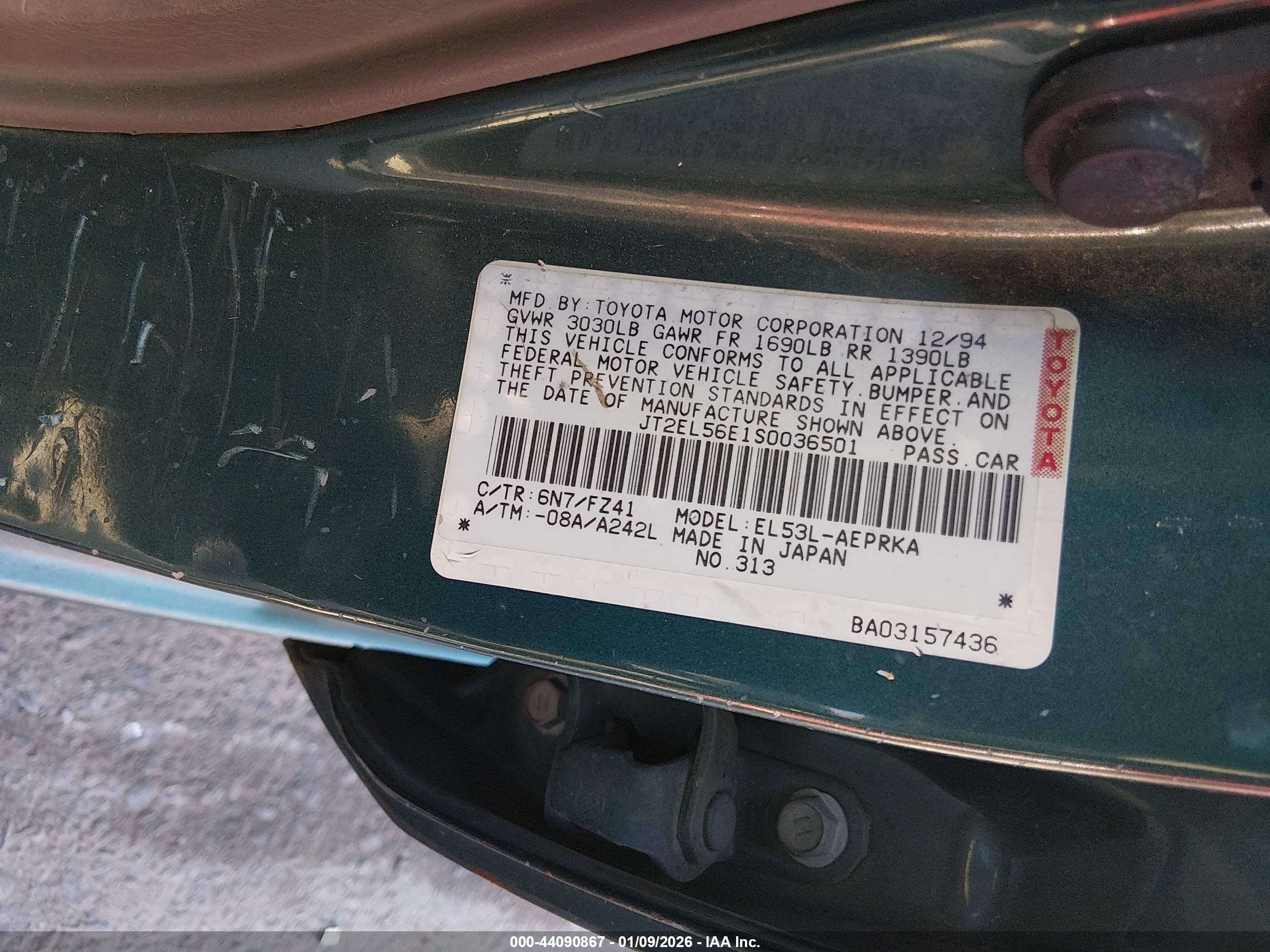 1995 Toyota Tercel Dx Зеленый vin: JT2EL56E1S0036501