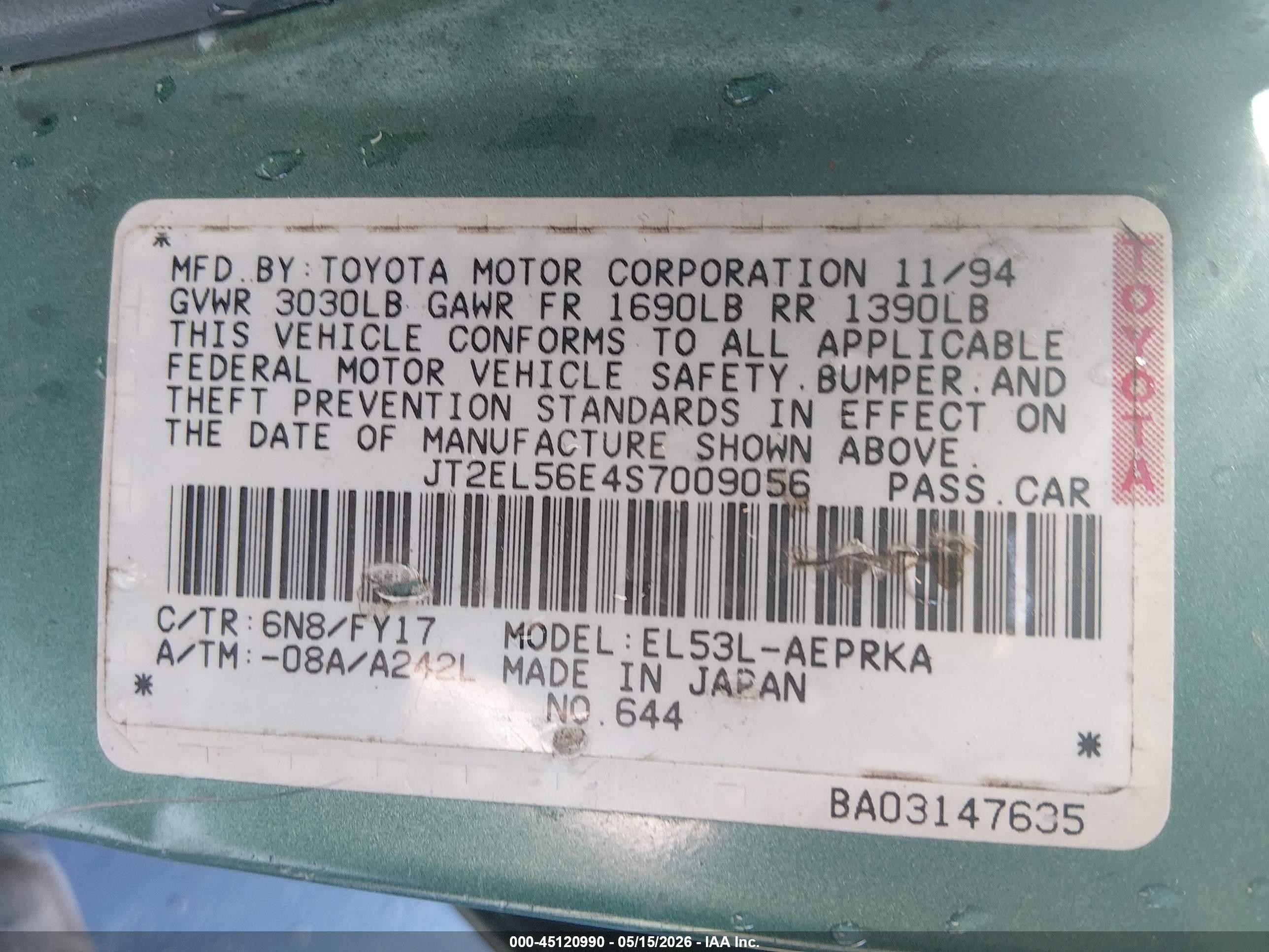 1995 Toyota Tercel Dx Black vin: JT2EL56E4S7009056