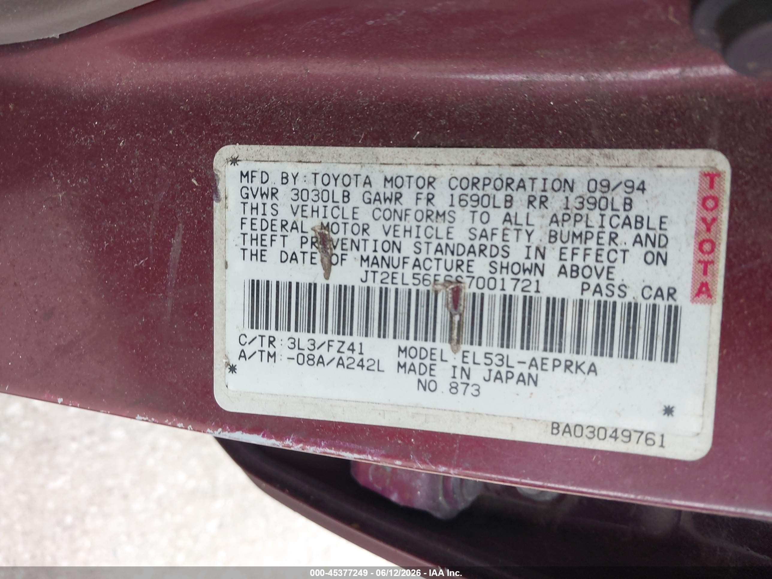 1995 Toyota Tercel Dx Maroon vin: JT2EL56E6S7001721