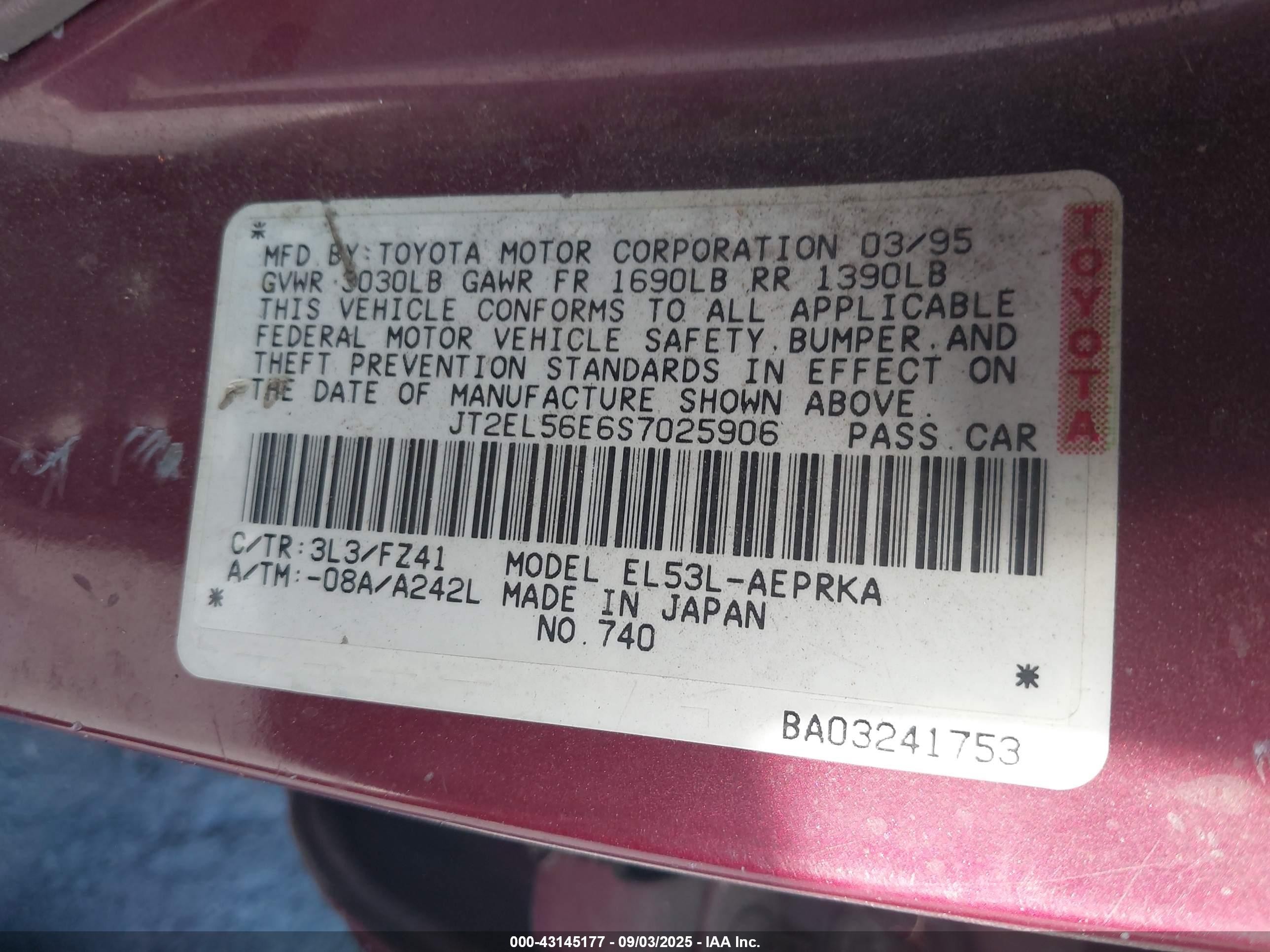 1995 Toyota Tercel Dx Red vin: JT2EL56E6S7025906