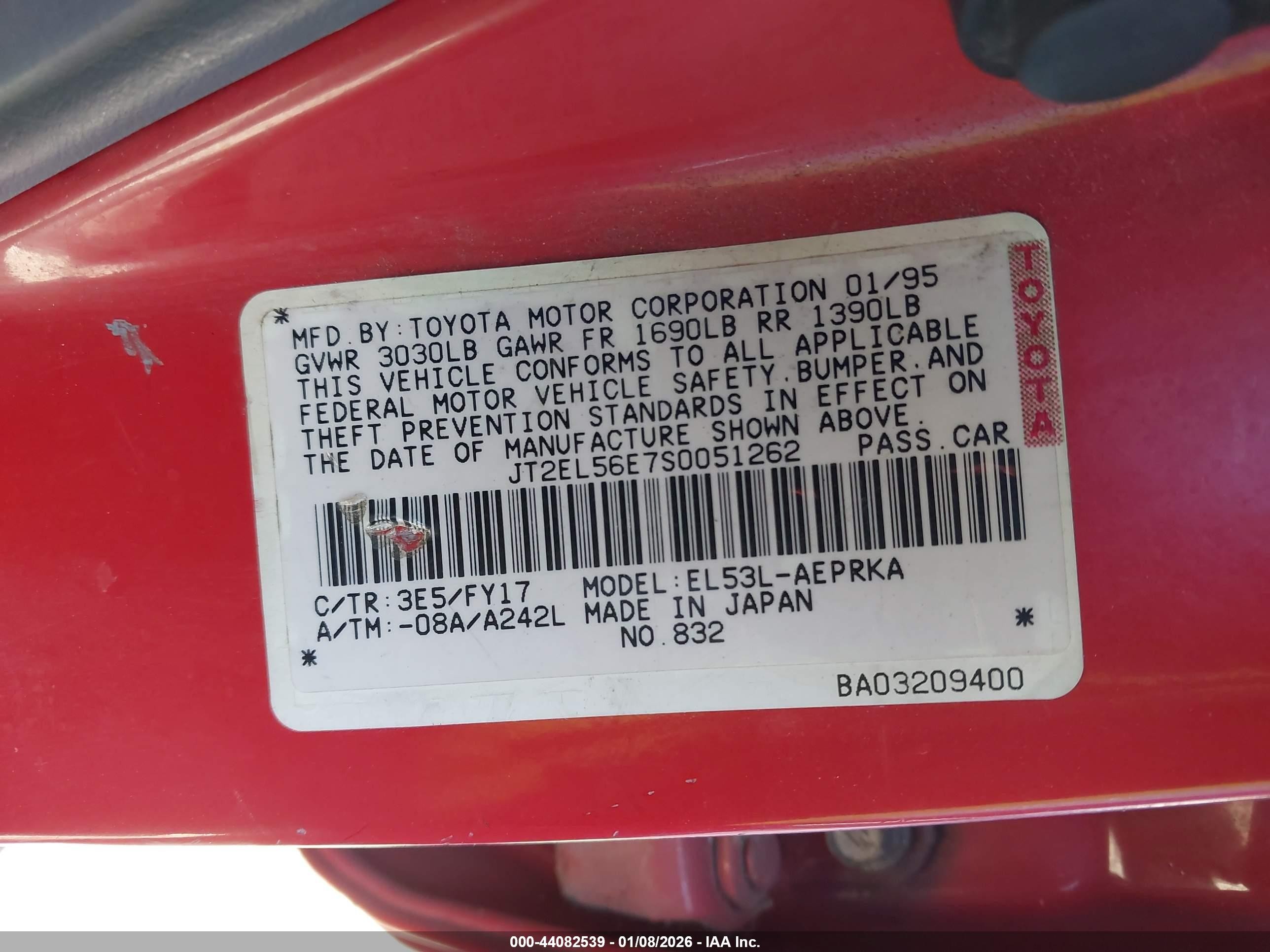 1995 Toyota Tercel Dx Красный vin: JT2EL56E7S0051262