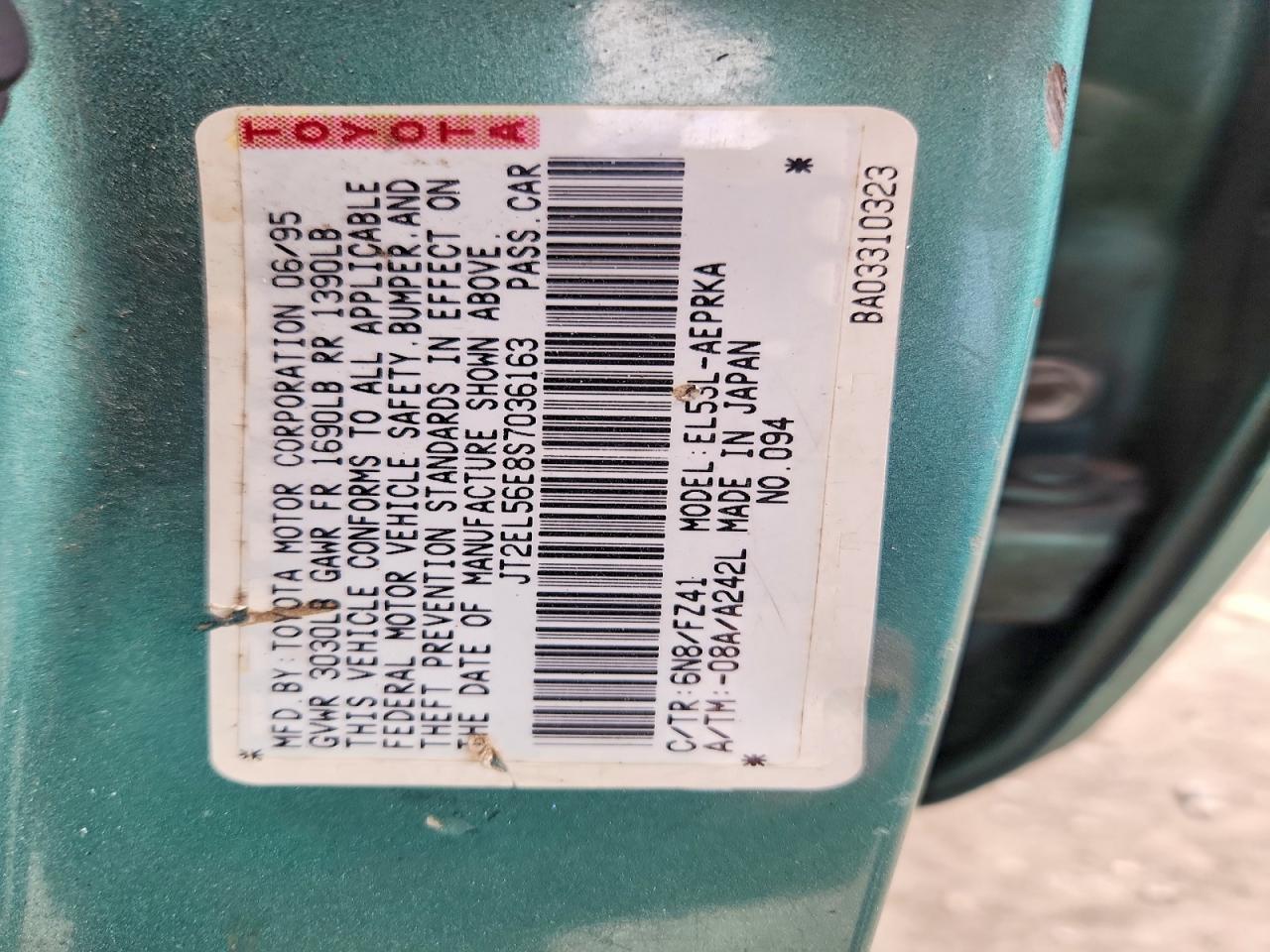 1995 Toyota Tercel Dx Turquoise vin: JT2EL56E8S7036163