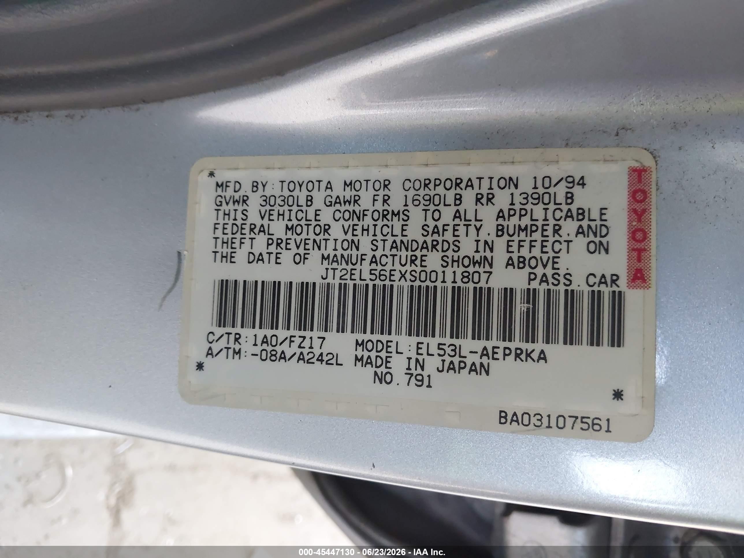 1995 Toyota Tercel Dx Silver vin: JT2EL56EXS0011807