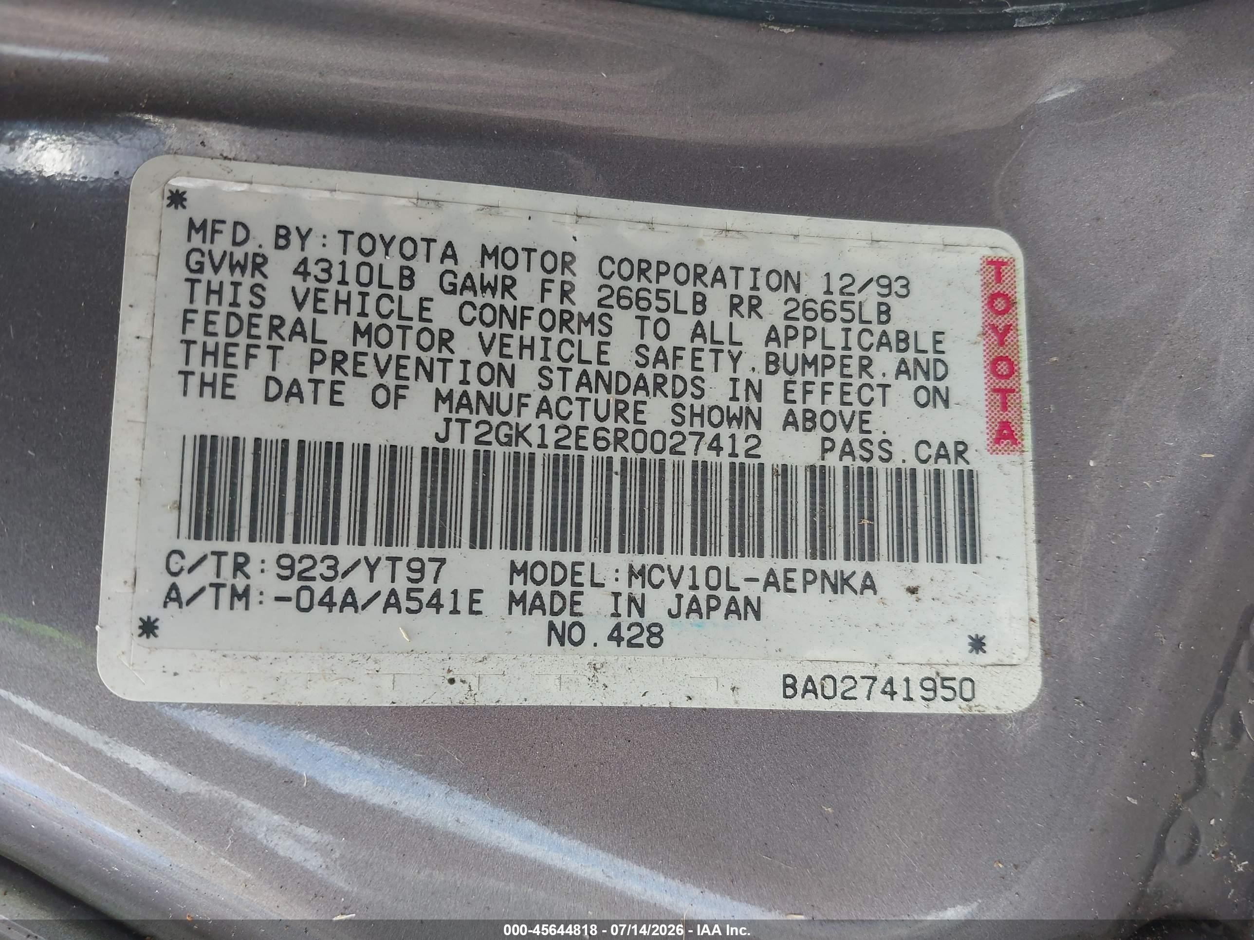 1994 Toyota Camry Le Gray vin: JT2GK12E6R0027412