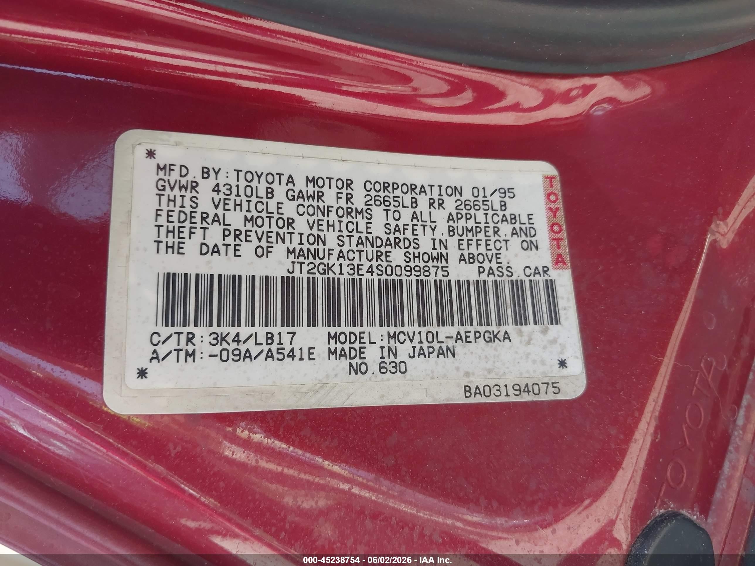 1995 Toyota Camry Xle Red vin: JT2GK13E4S0099875