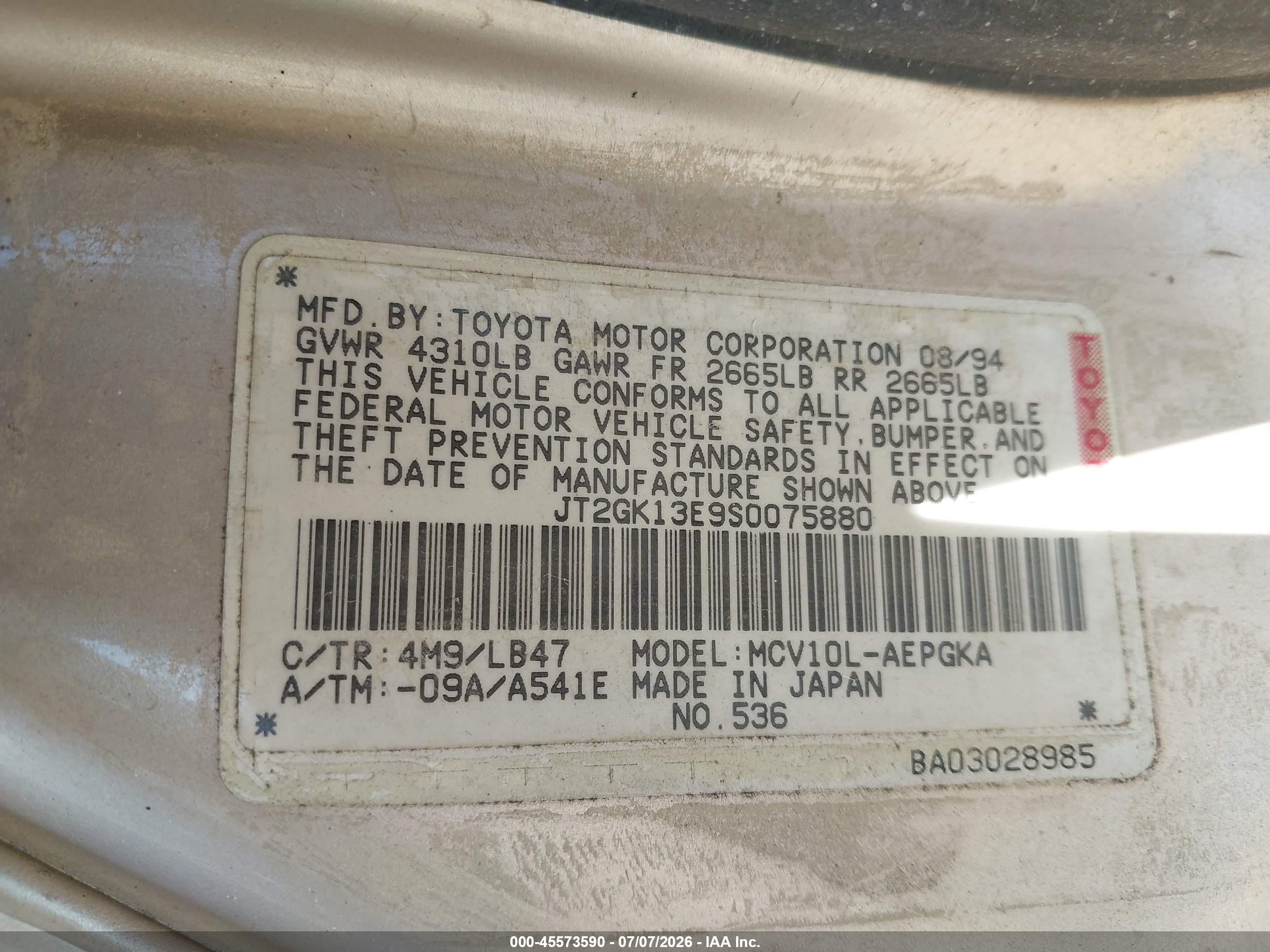 1995 Toyota Camry Xle Pewter vin: JT2GK13E9S0075880