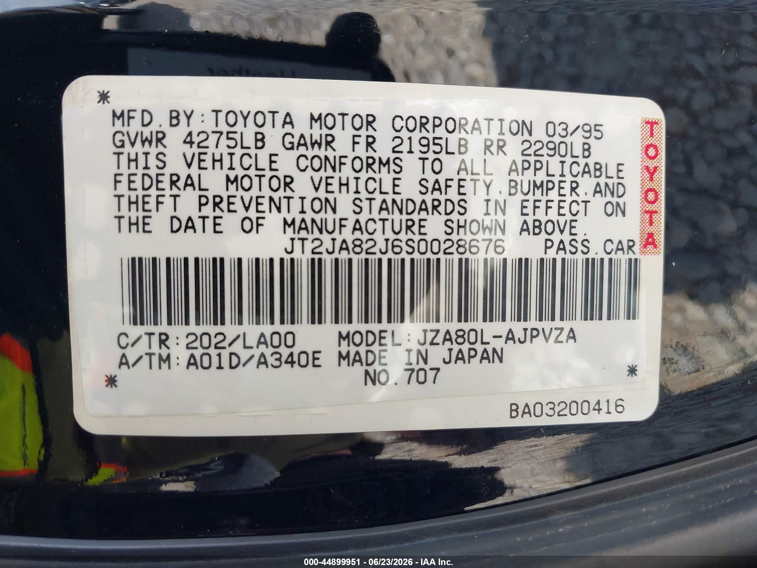 1995 Toyota Supra Sport Roof Black vin: JT2JA82J6S0028676