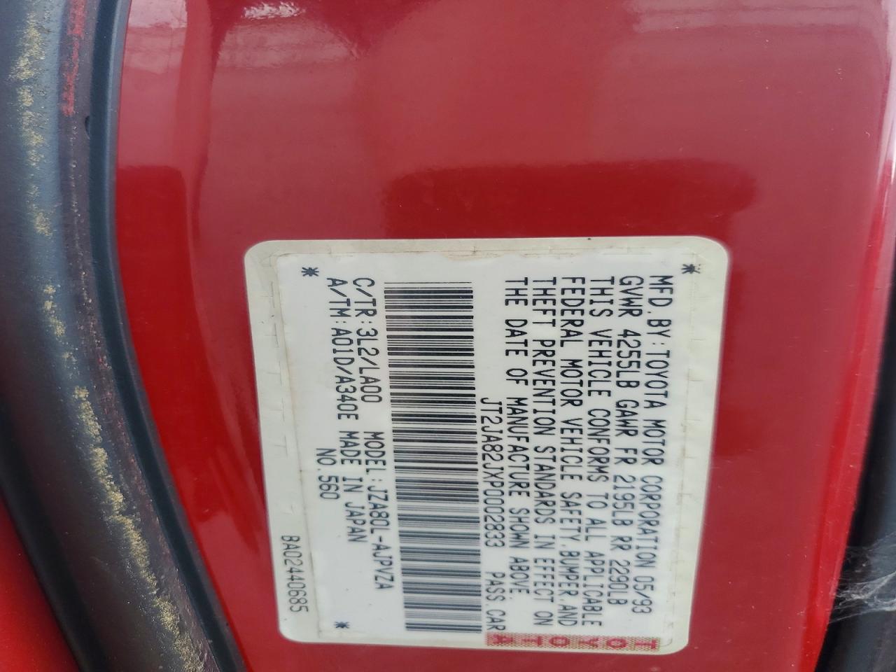 1993 Toyota Supra Sport Roof Red vin: JT2JA82JXP0002833