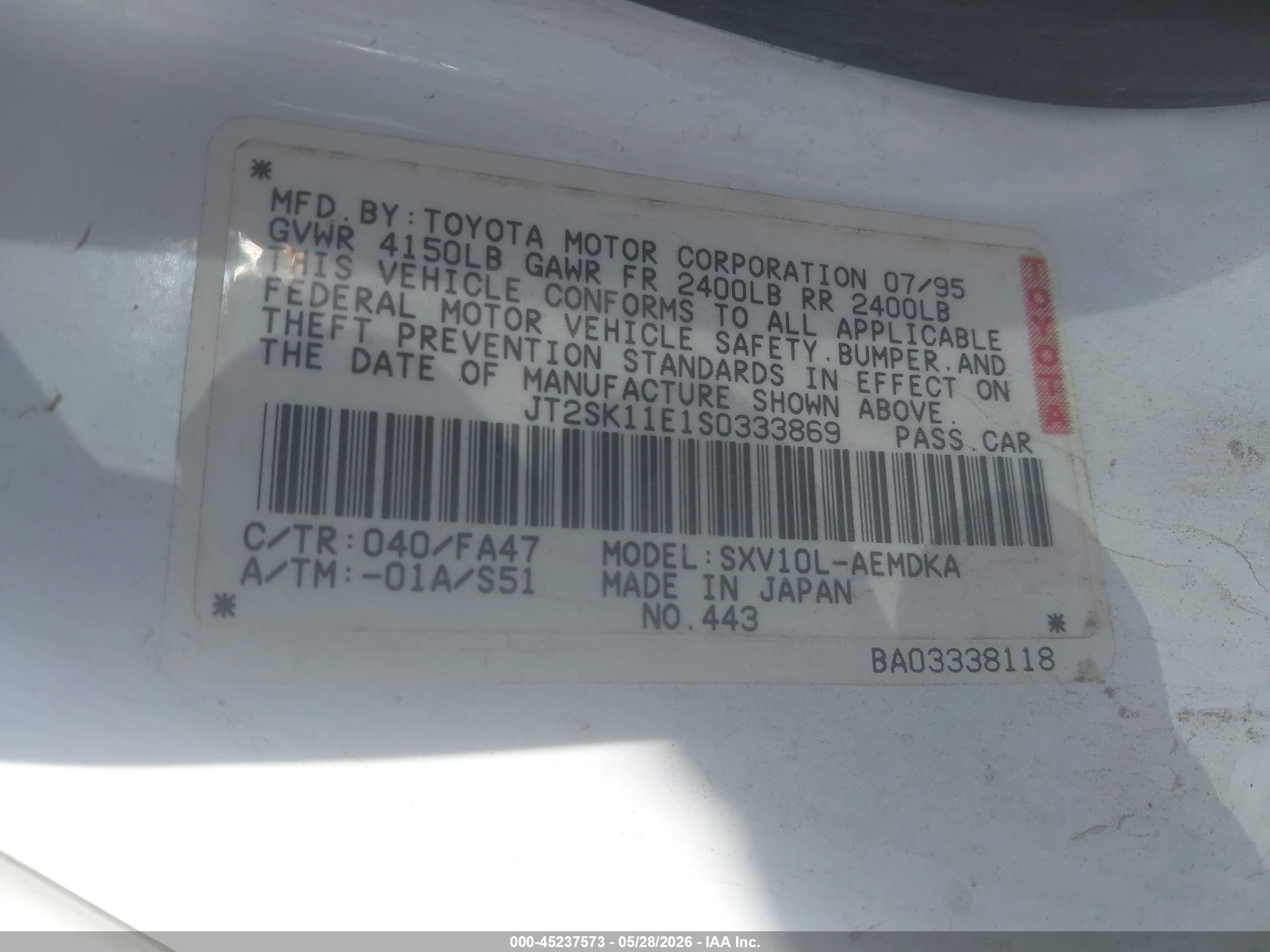 1995 Toyota Camry Dx Белый vin: JT2SK11E1S0333869