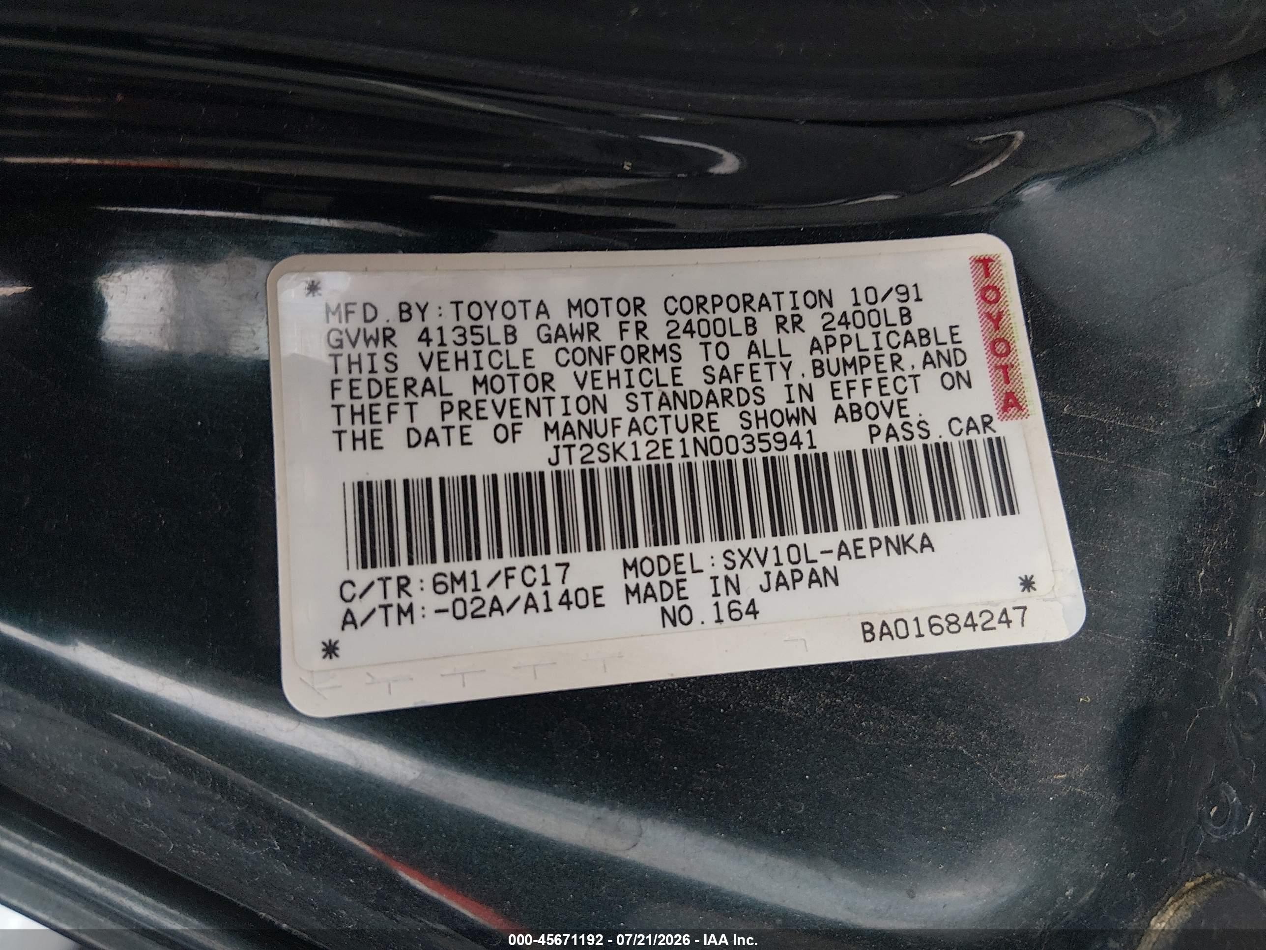 1992 Toyota Camry Le Green vin: JT2SK12E1N0035941