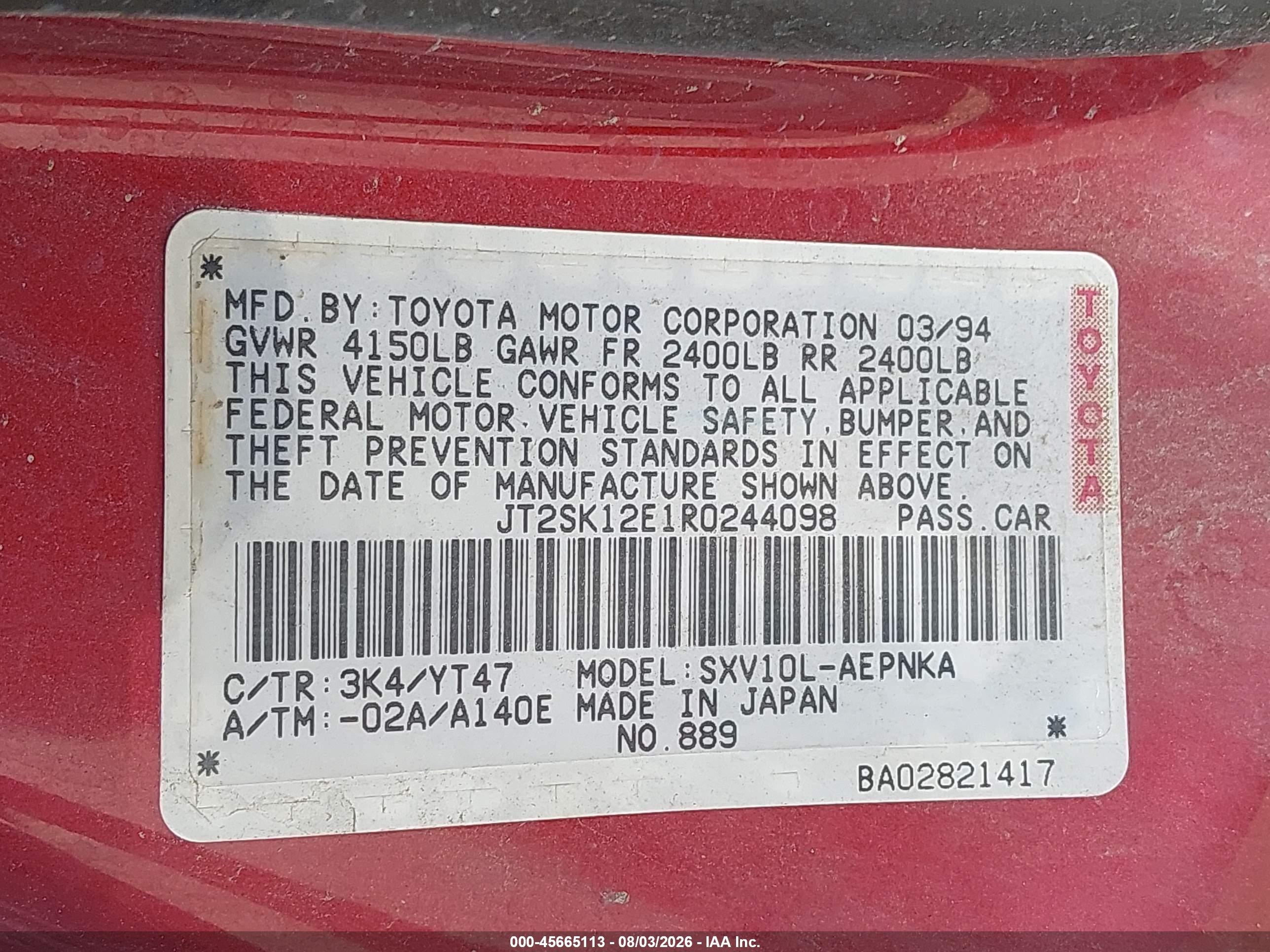 1994 Toyota Camry Le Red vin: JT2SK12E1R0244098