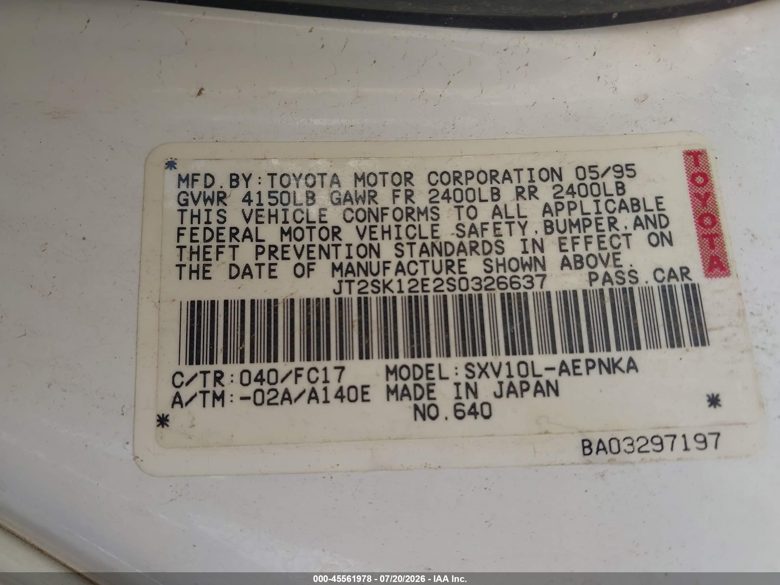 1995 Toyota Camry Le White vin: JT2SK12E2S0326637