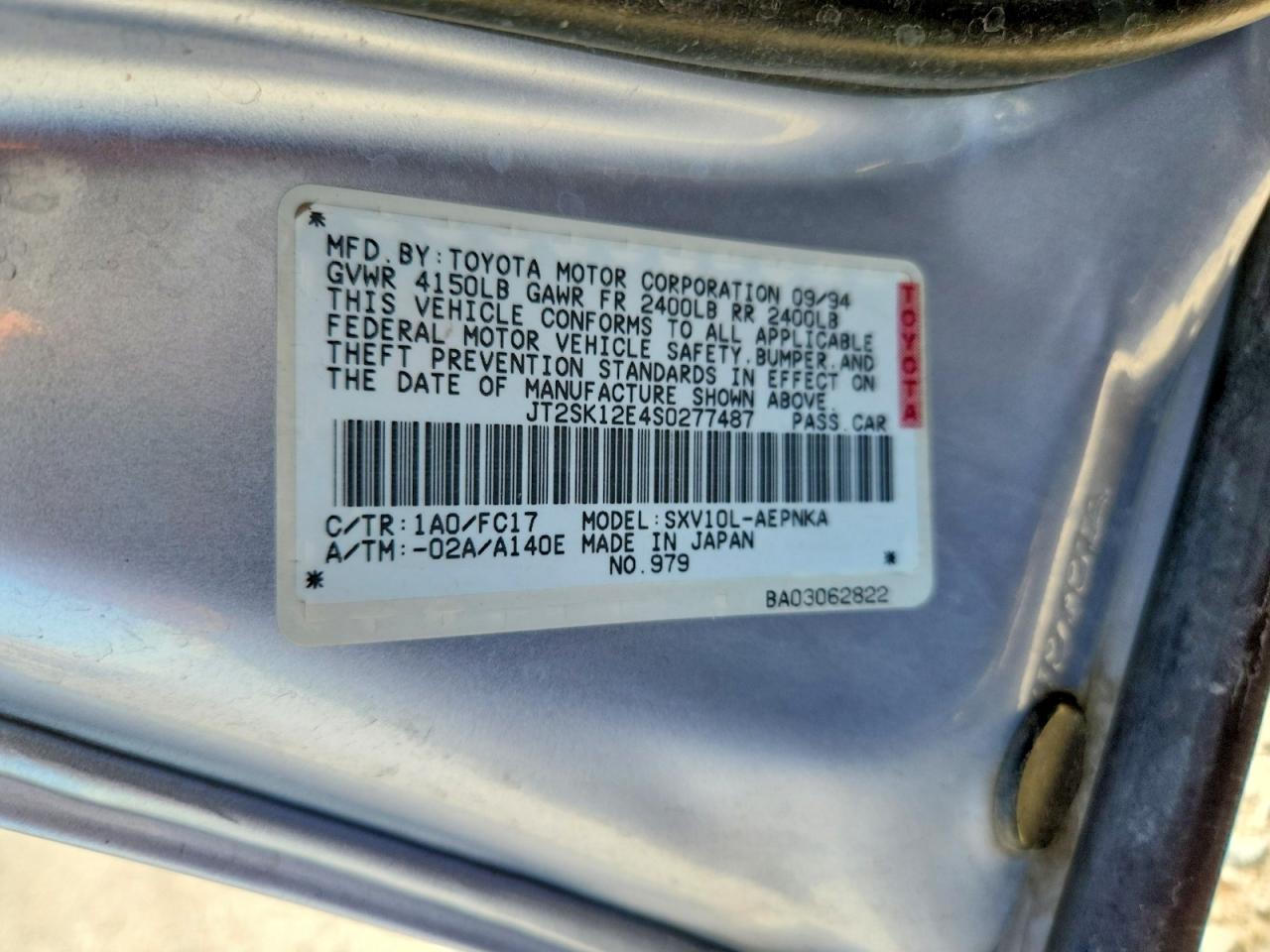 1995 Toyota Camry Le Silver vin: JT2SK12E4S0277487