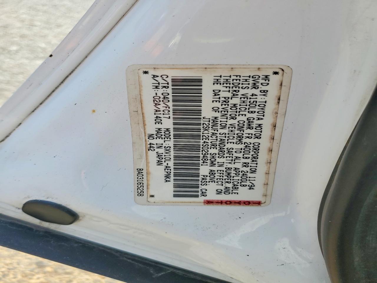 1995 Toyota Camry Le Белый vin: JT2SK12E4S0294841