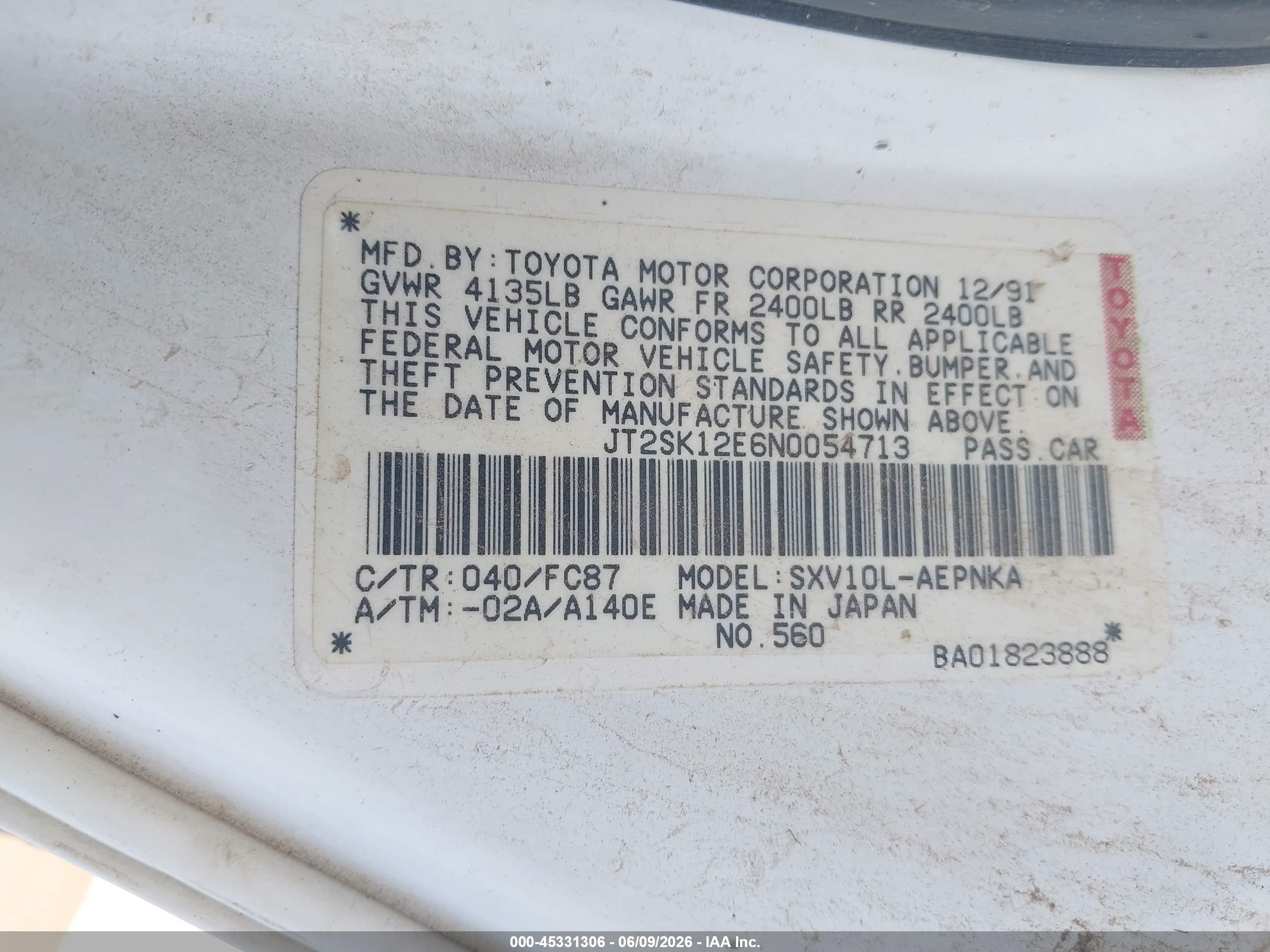 1992 Toyota Camry Le White vin: JT2SK12E6N0054713