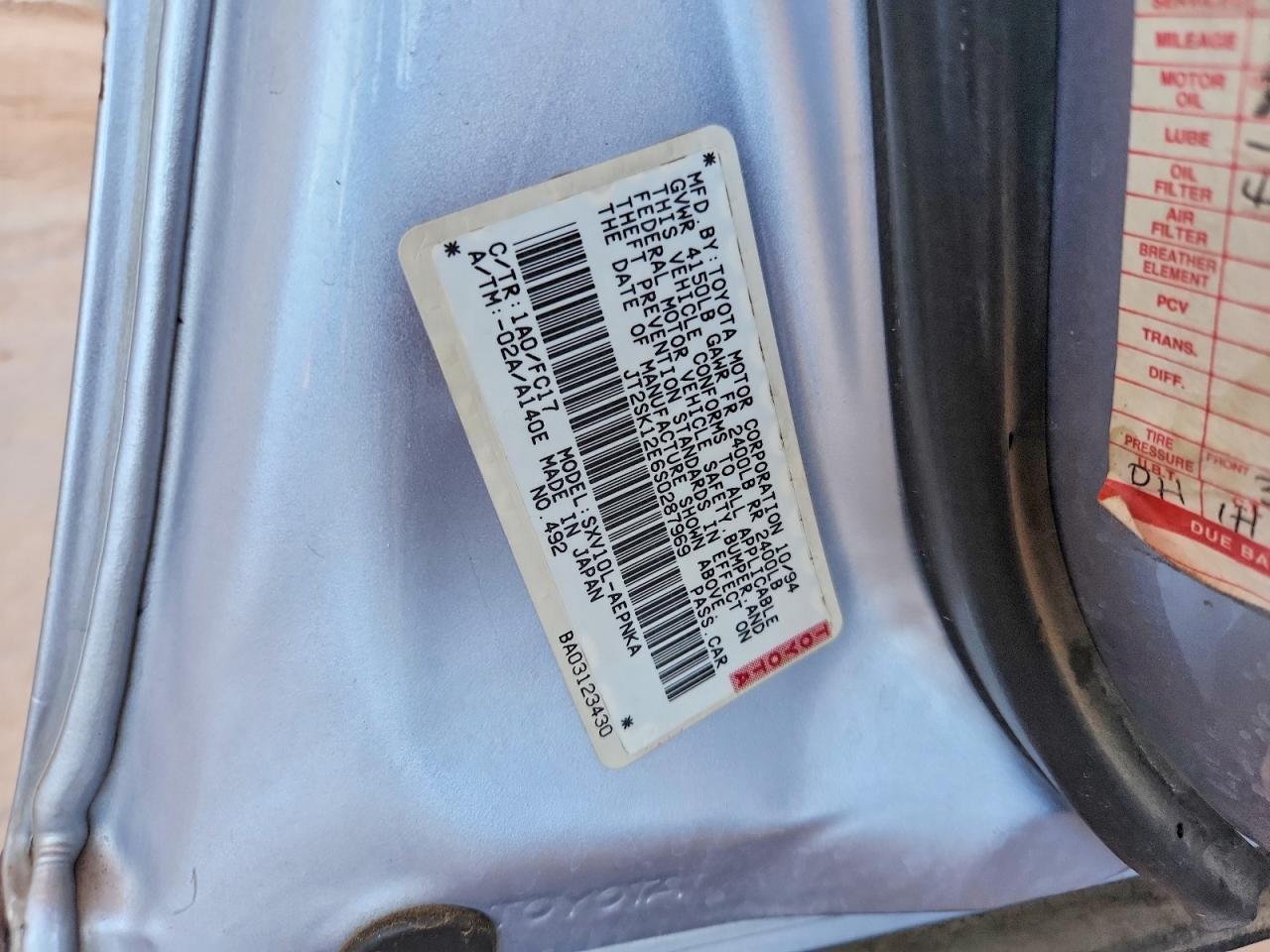 1995 Toyota Camry Le Silver vin: JT2SK12E6S0287969