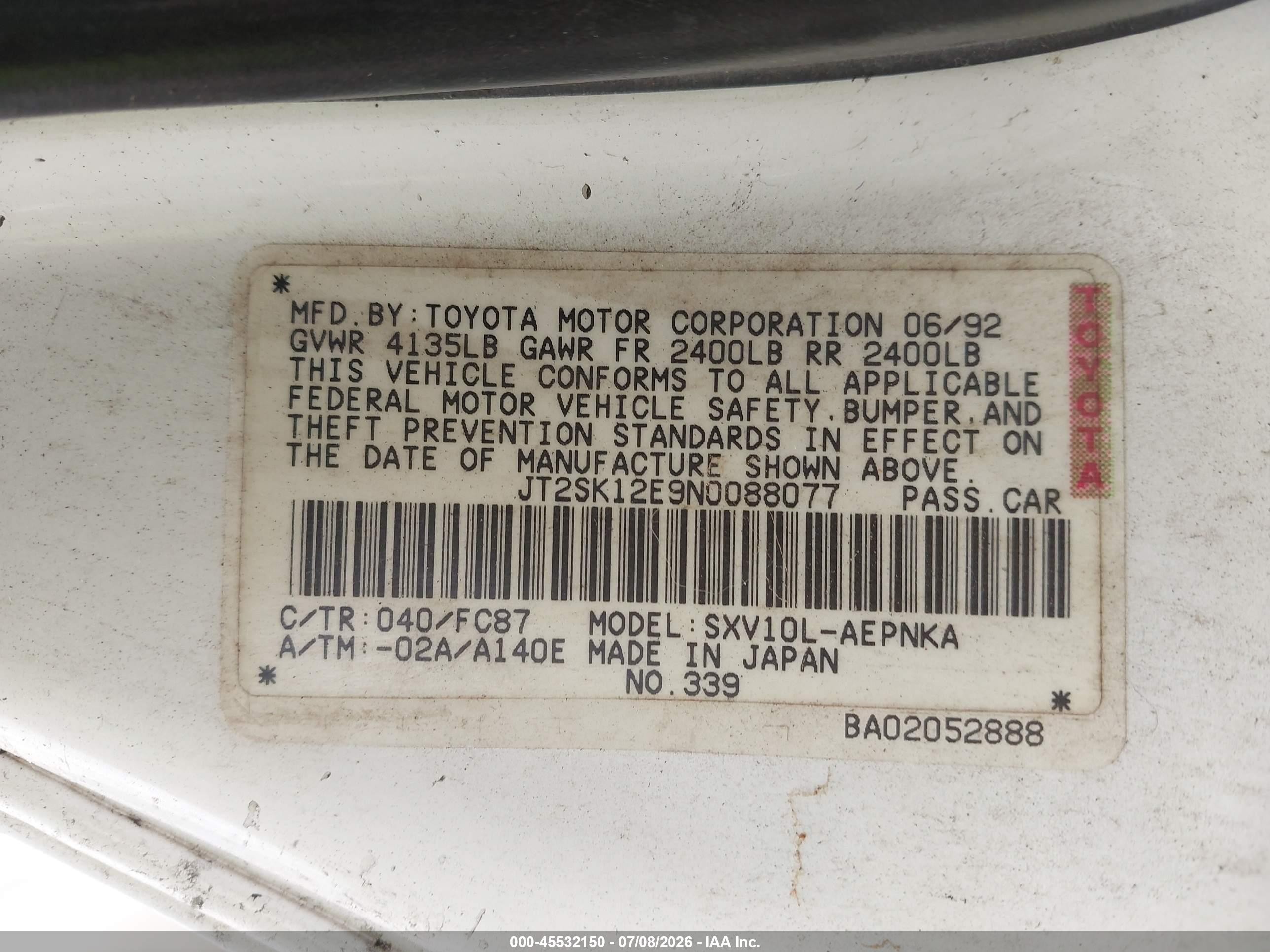 1992 Toyota Camry Le White vin: JT2SK12E9N0088077