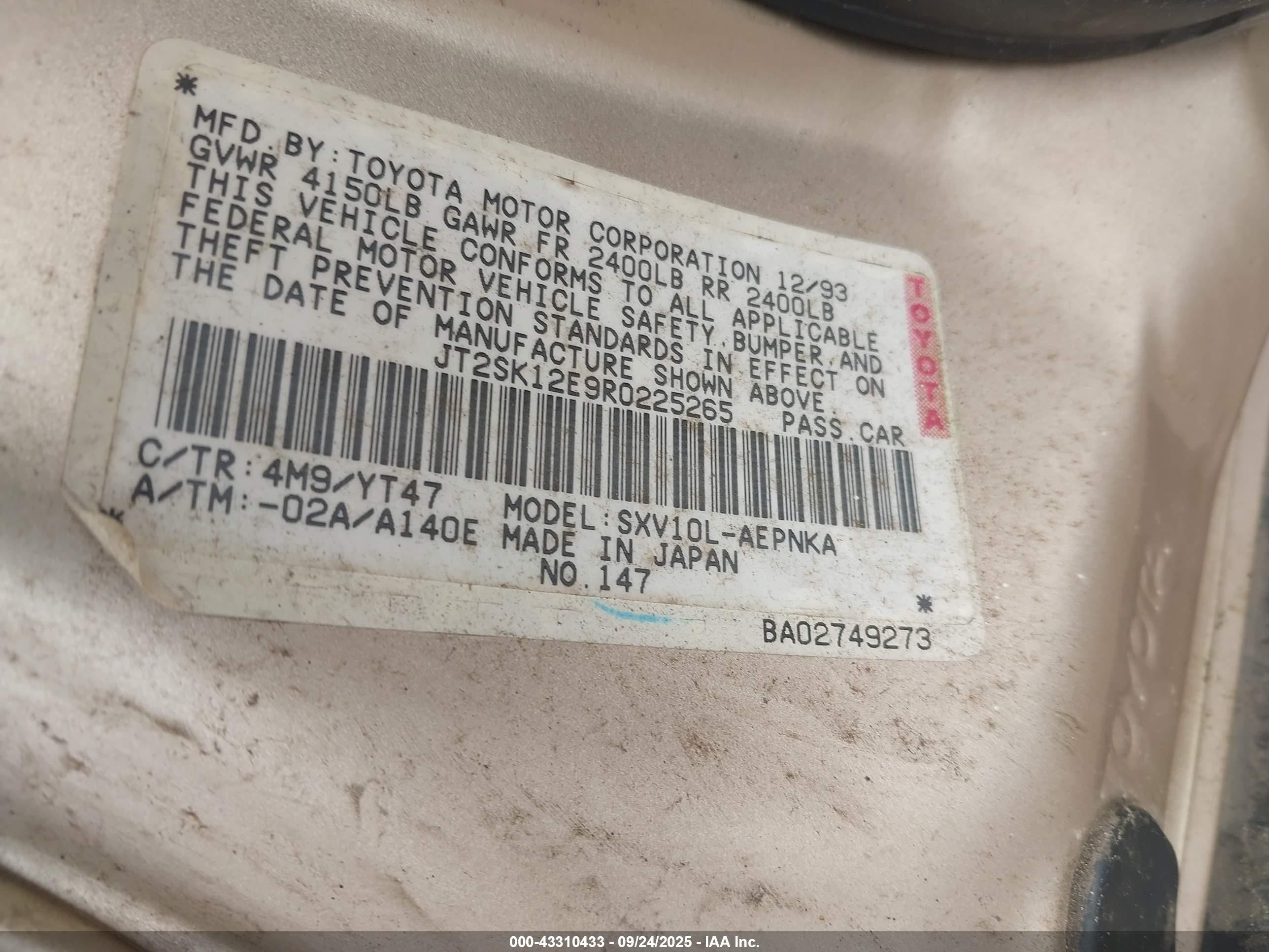 1994 Toyota Camry Le Tan vin: JT2SK12E9R0225265